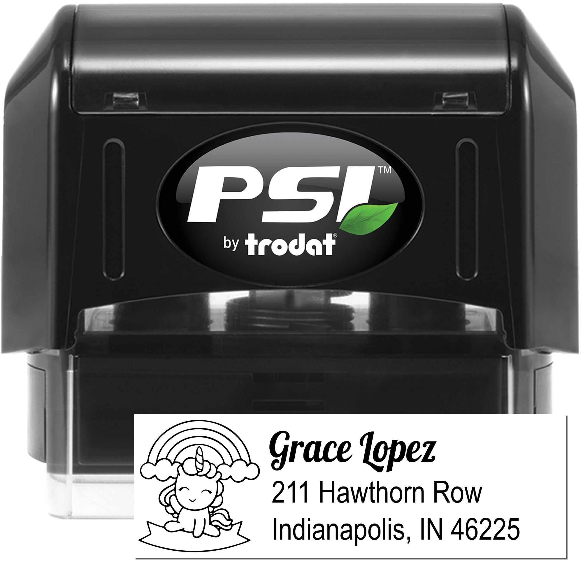 PSI by Trodat self-inking personalized address rubber stamp with unicorn design for Grace Lopez, Indianapolis, IN 46225.