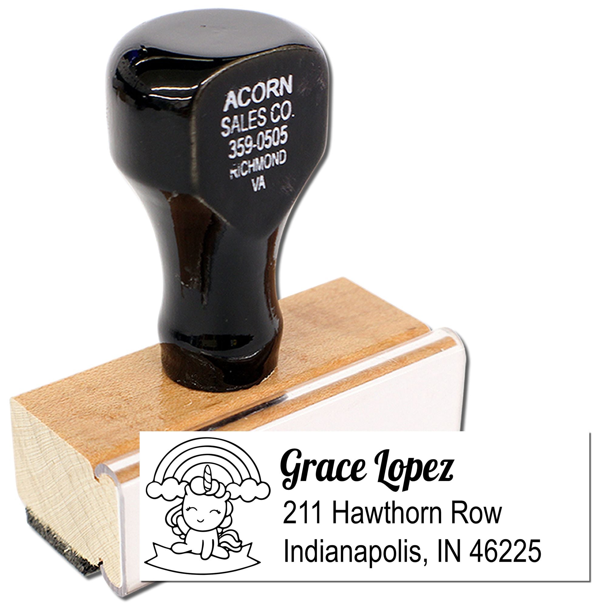 Self-inking unicorn address rubber stamp with name and Indianapolis, IN return address for envelopes.
