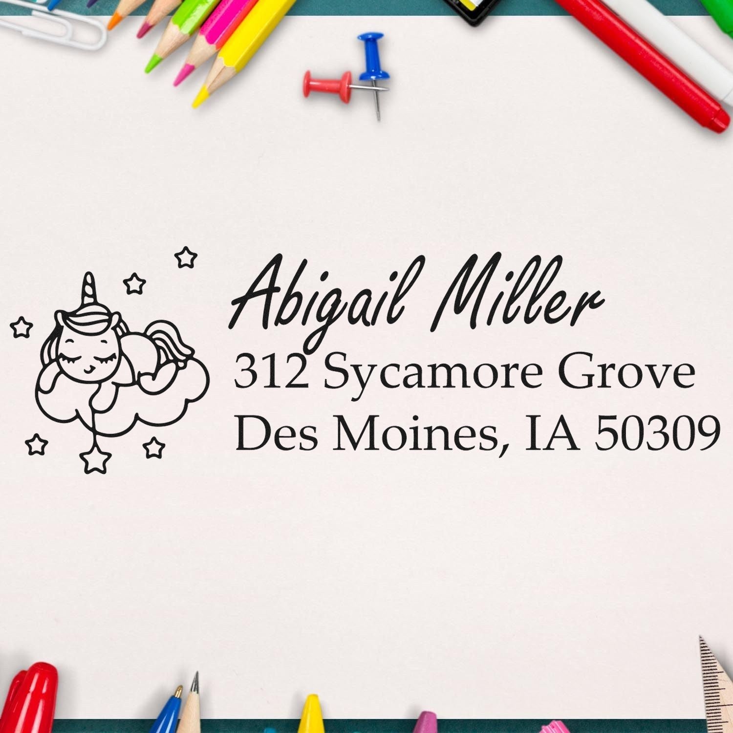 Personalized unicorn rubber address stamp for Abigail Miller, custom return address stamp for kids mail and stationery.
