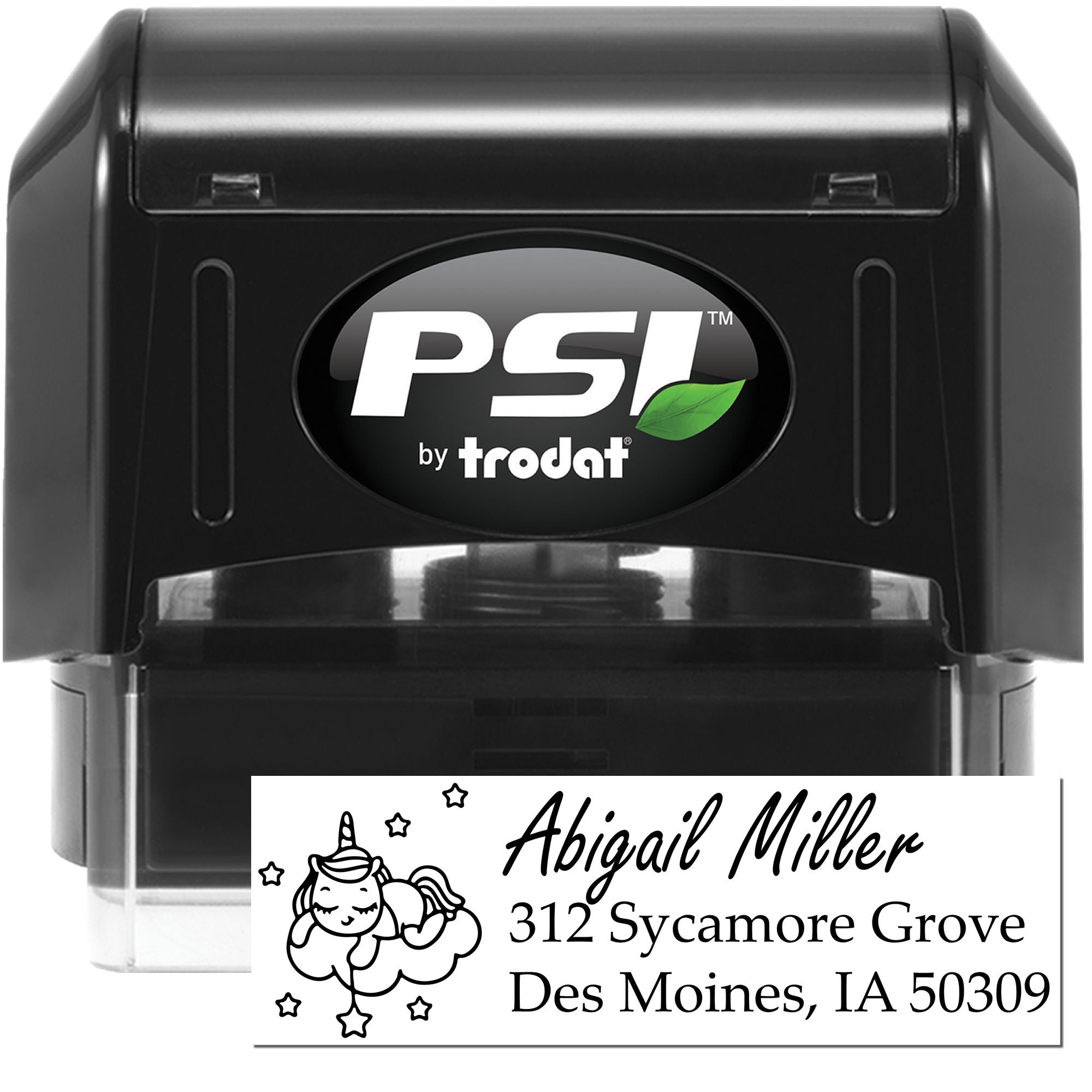 PSI by Trodat self-inking rubber address stamp with unicorn design for custom name and address imprint.