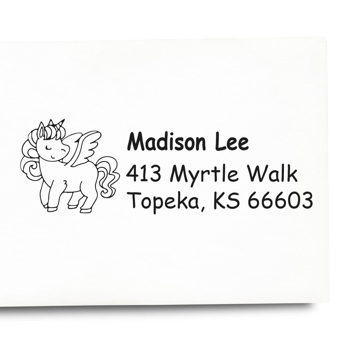 Personalized unicorn address rubber stamp for Madison Lee, 413 Myrtle Walk, Topeka, KS 66603.