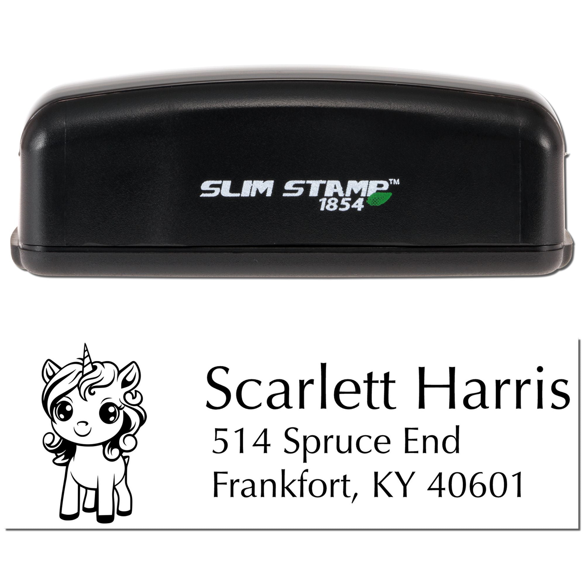 Slim Stamp 1854 self-inking custom rubber address stamp with unicorn design and personalized return address imprint
