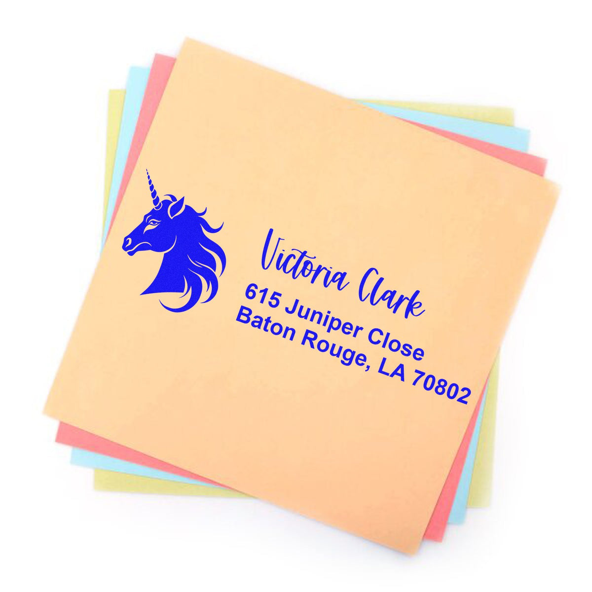 Personalized unicorn return address rubber stamp for custom stationery, wedding invitations, and mailing labels.