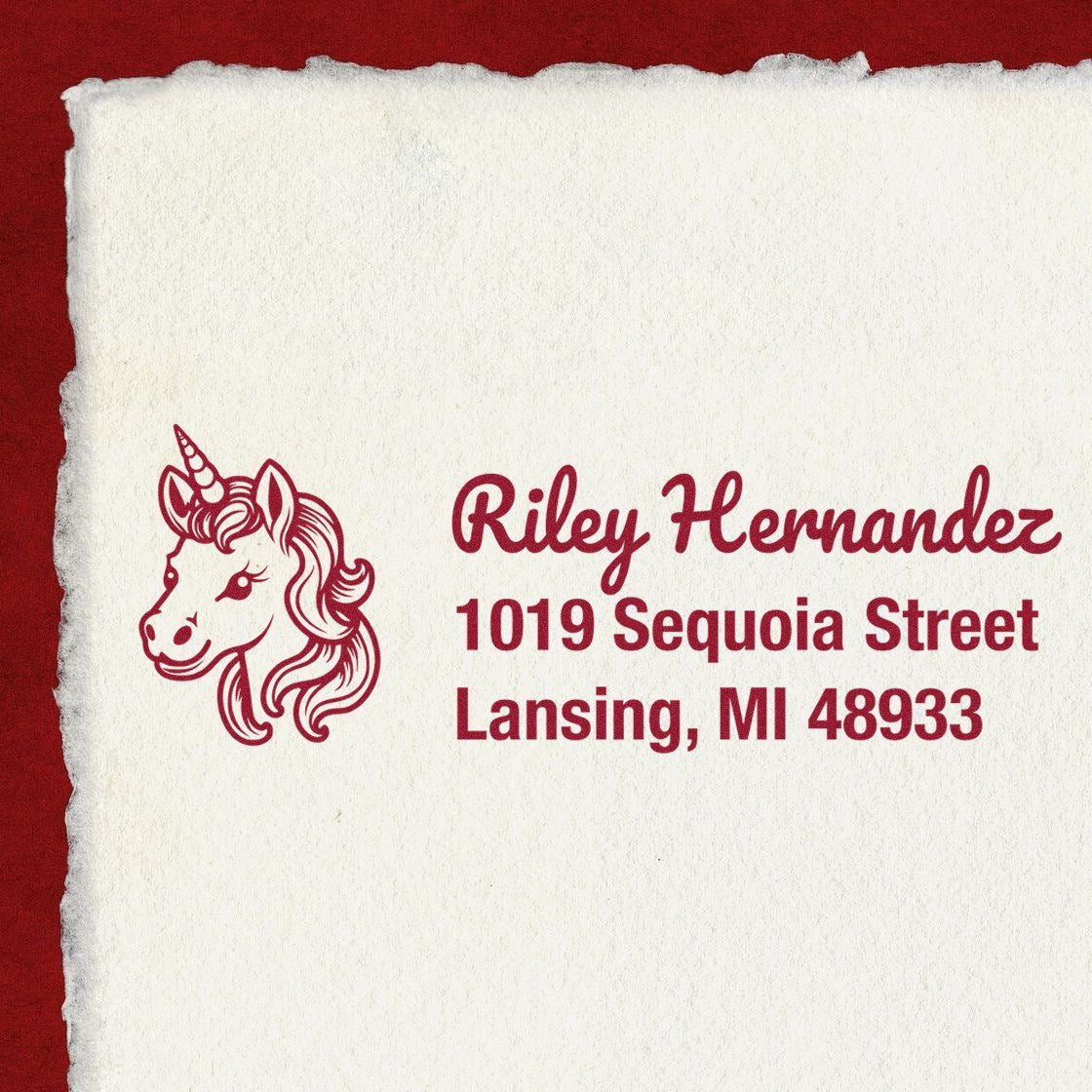 Personalized unicorn return address rubber stamp for Riley Hernandez, 1019 Sequoia Street, Lansing, MI 48933