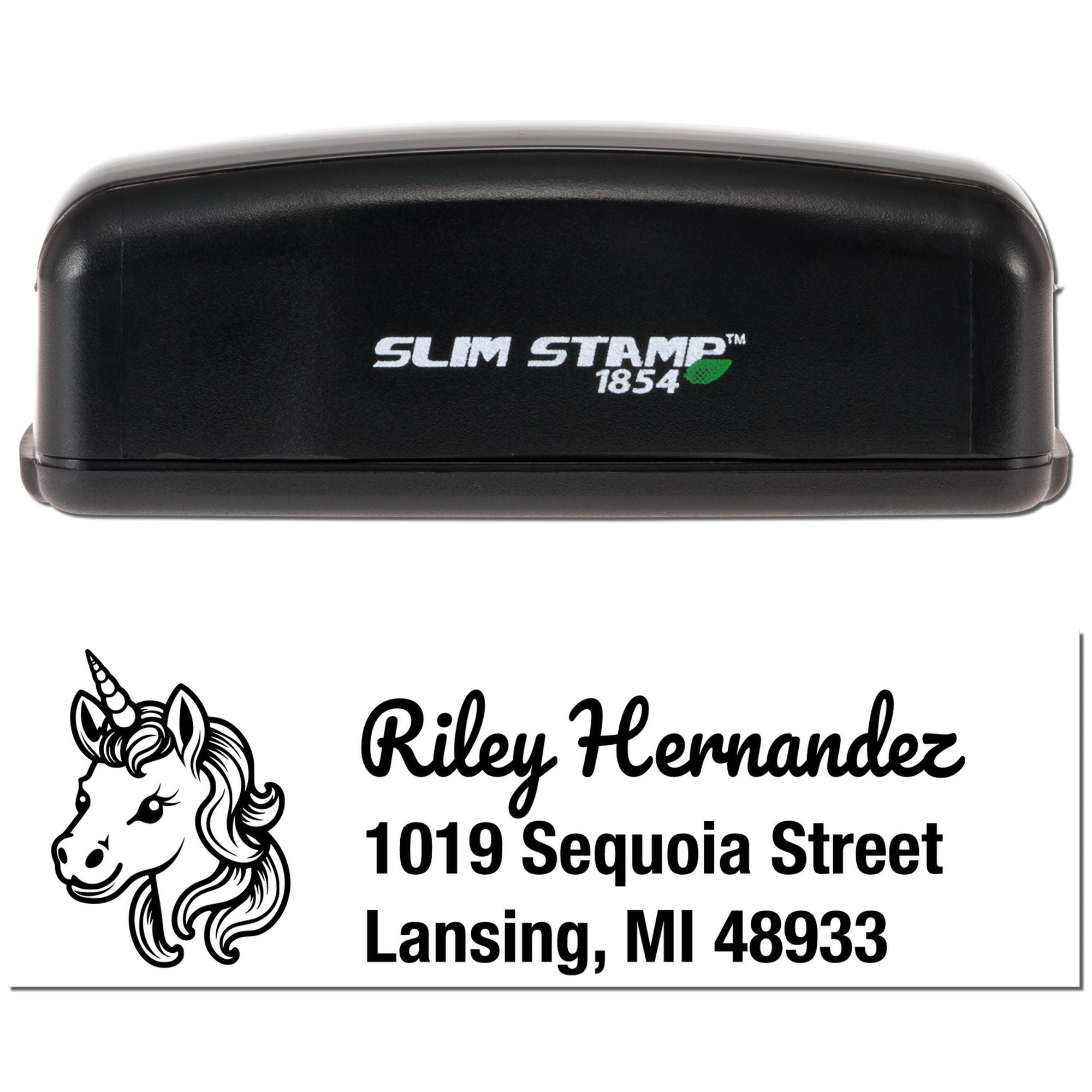 Custom Slim Stamp 1854 rubber stamp with unicorn address design for mailing, featuring Riley Hernandez and Lansing, MI return address.