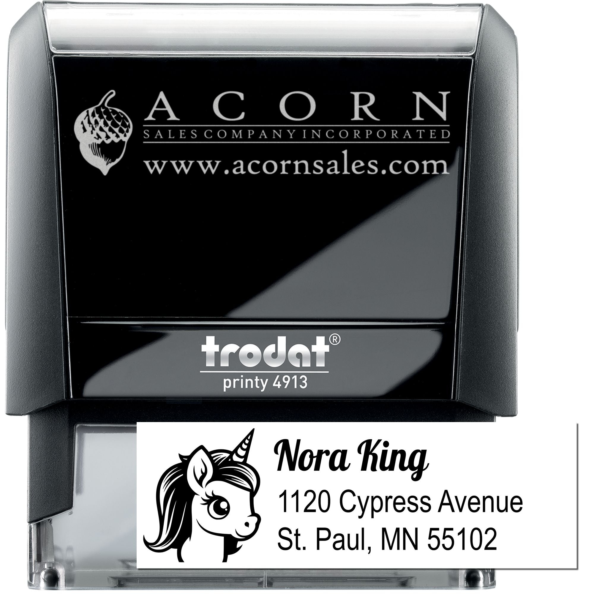 Custom self-inking rubber stamp with logo and address, Trodat Printy 4913, for business branding and mailing.