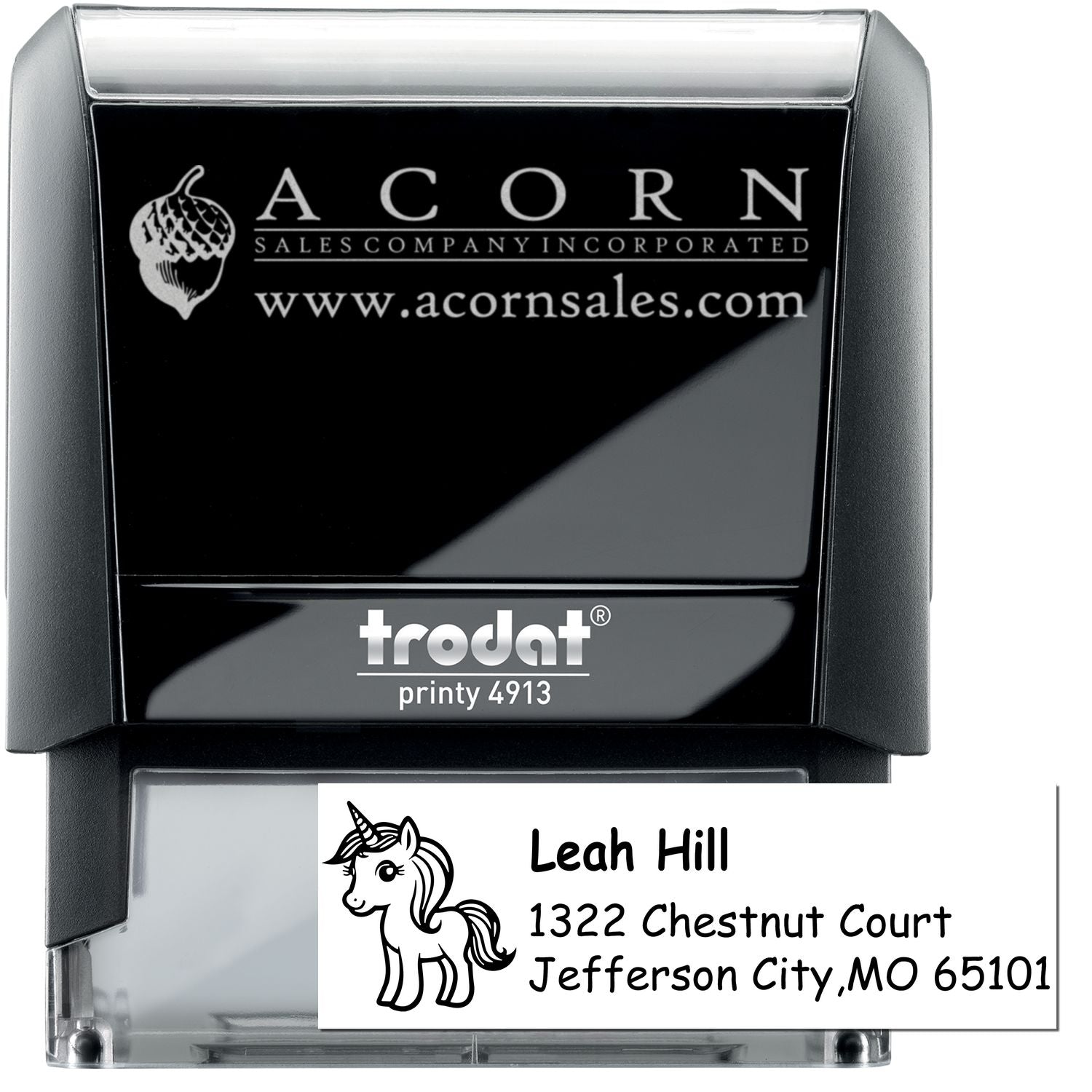Custom self-inking rubber stamps with business logo and personalized address design, including unicorn return address stamp.