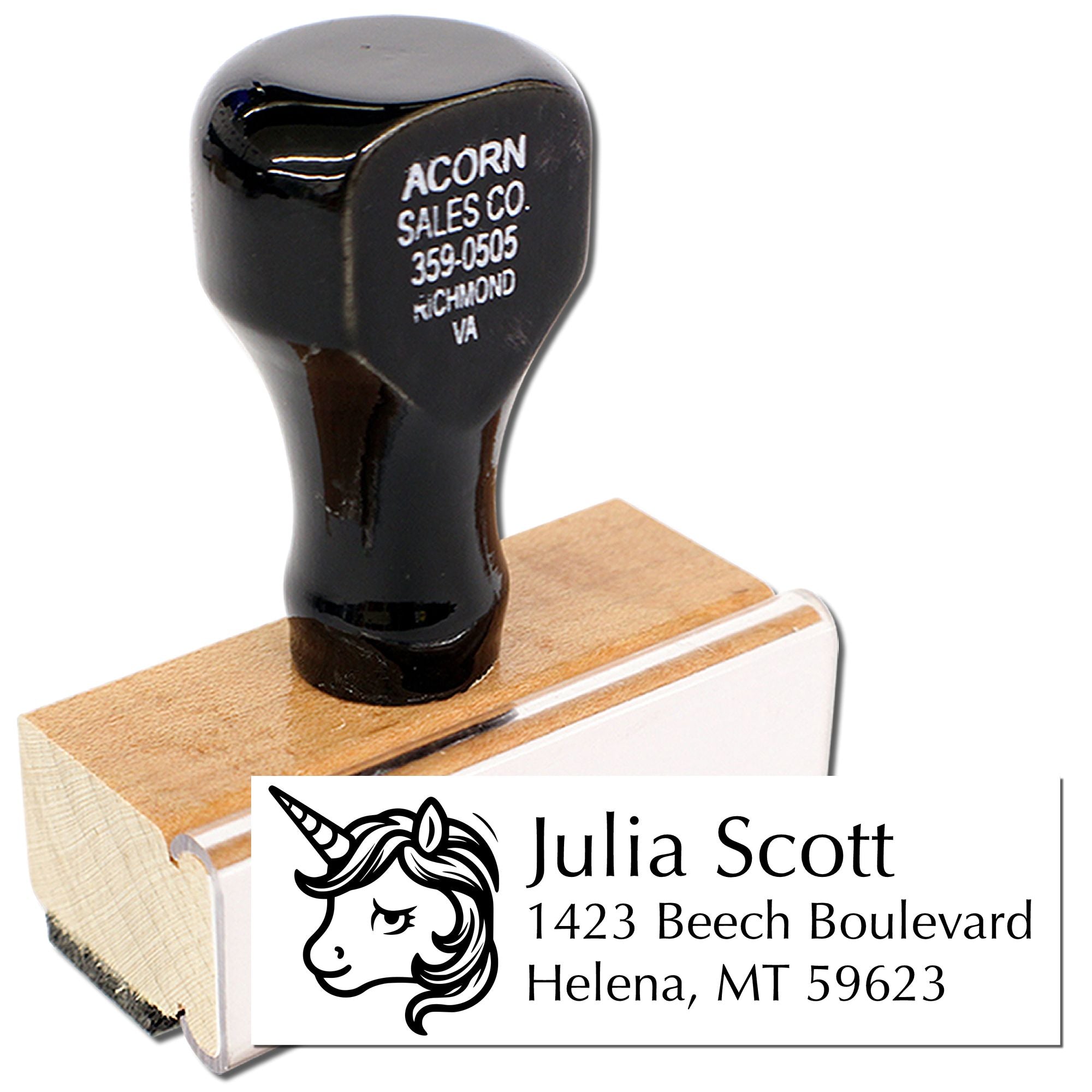 Custom unicorn return address rubber stamp with personalized name and address for stationery and mailing labels.