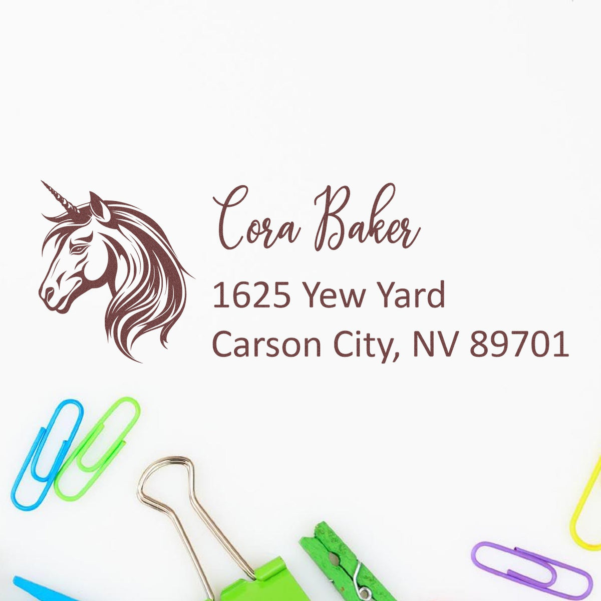 Custom unicorn address rubber stamp for Cora Baker, 1625 Yew Yard, Carson City, NV 89701