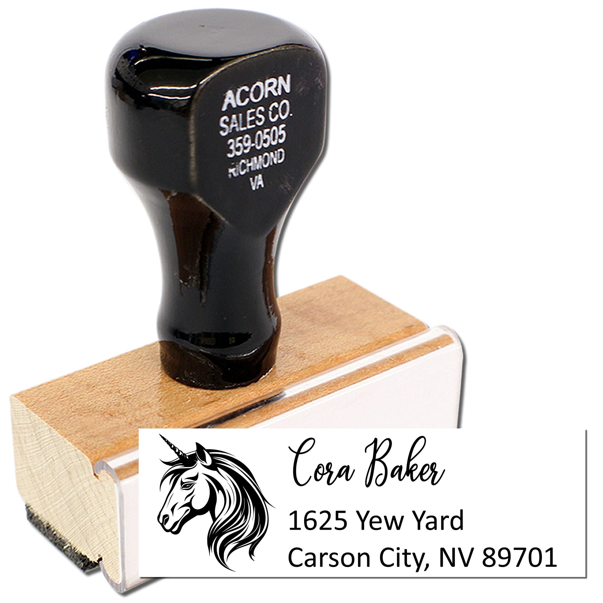 Emerald Unicorn Custom Address Stamp with Wood Handle