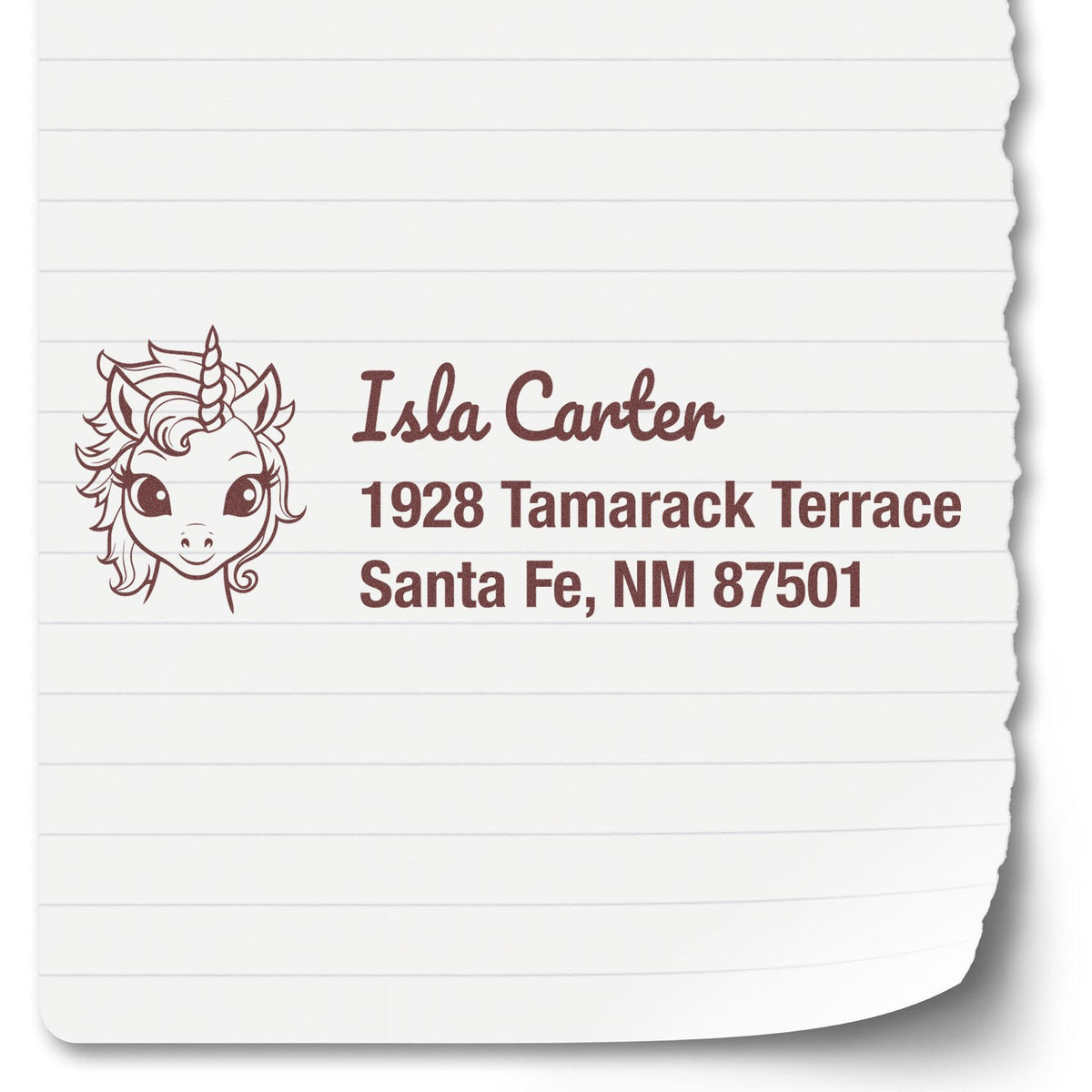 Personalized unicorn return address rubber stamp with name, street address, and Santa Fe, NM 87501