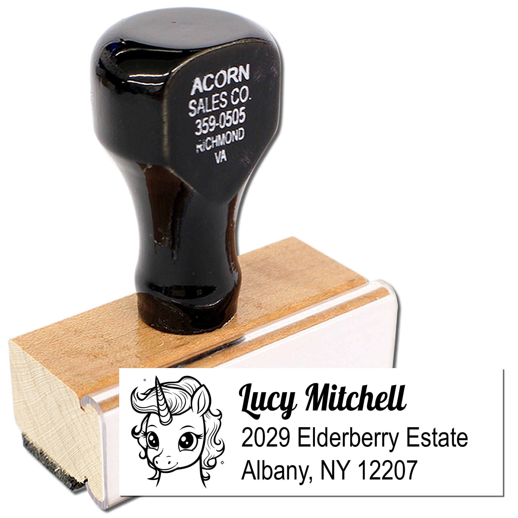 Golden Gleam Unicorn Custom Address Stamp with Wood Handle