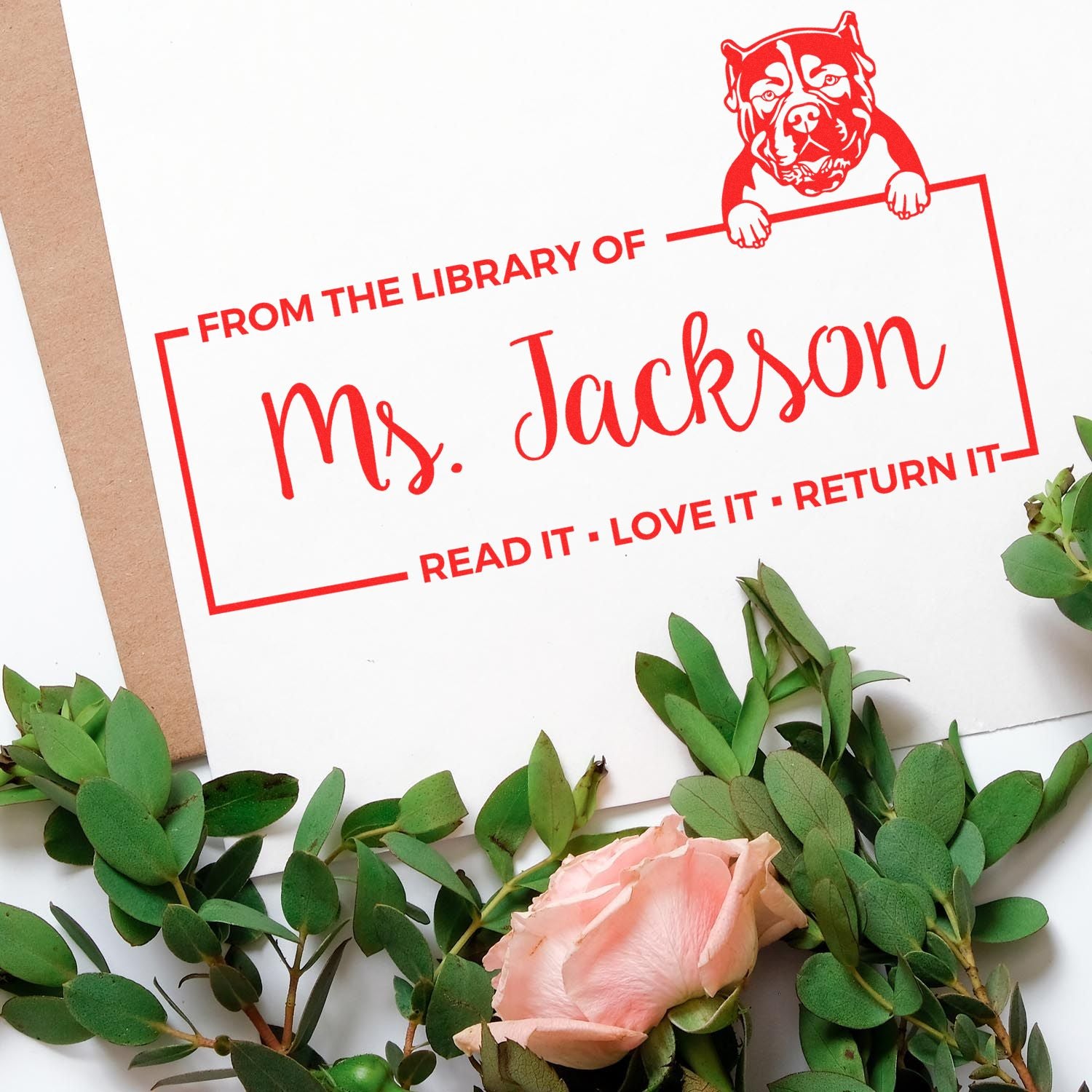 Custom rubber stamp for library books, personalized Ms. Jackson dog design: read it, love it, return it.