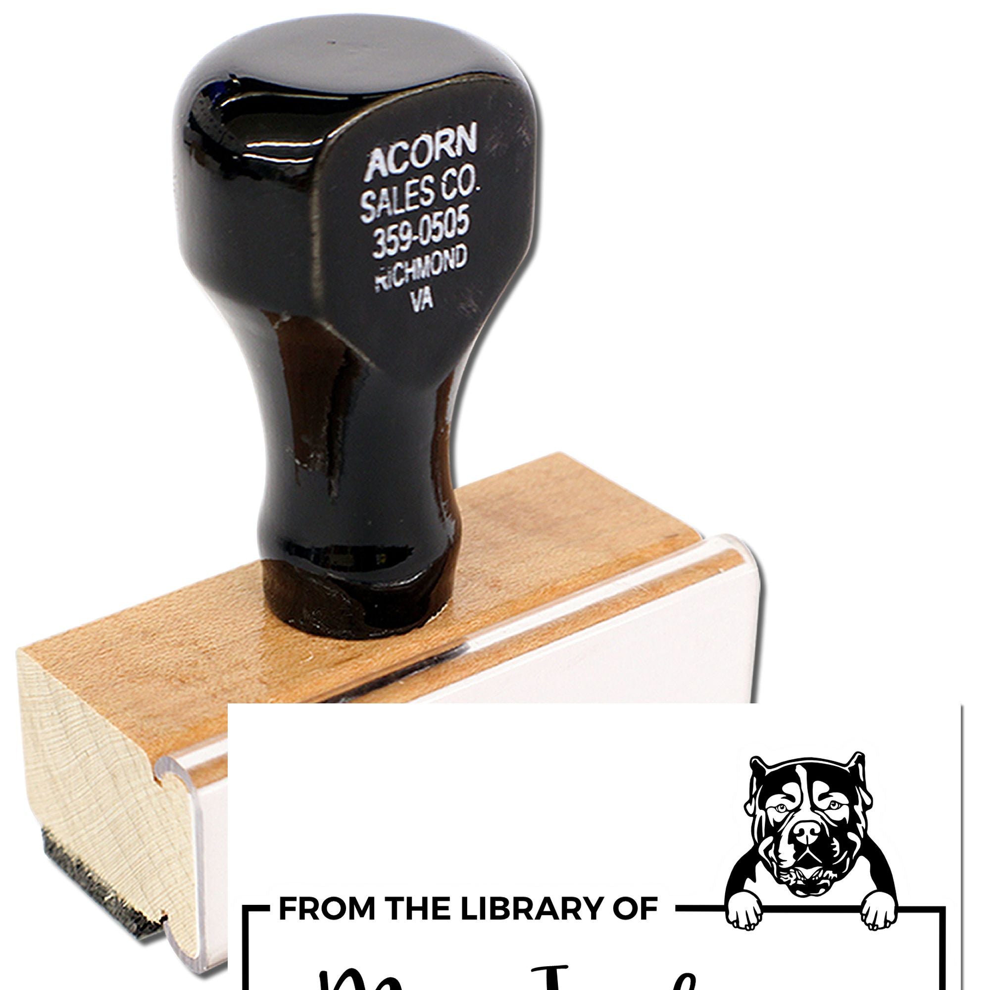 Wood-mounted custom rubber library stamp with bulldog logo for marking books and personal collections.