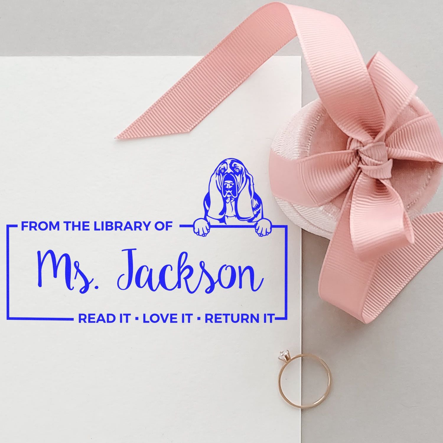 Personalized library rubber stamp for books with dog graphic and Ms. Jackson bookplate, Read it, love it, return it.
