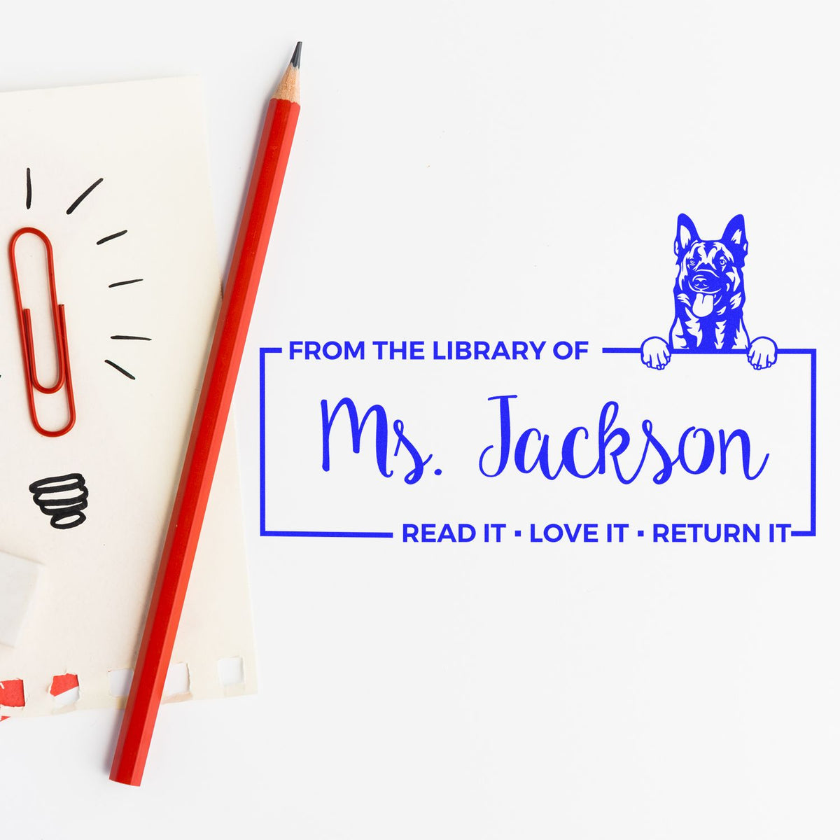 Personalized custom library rubber stamp for Ms. Jackson with dog mascot and Read it, Love it, Return it book message