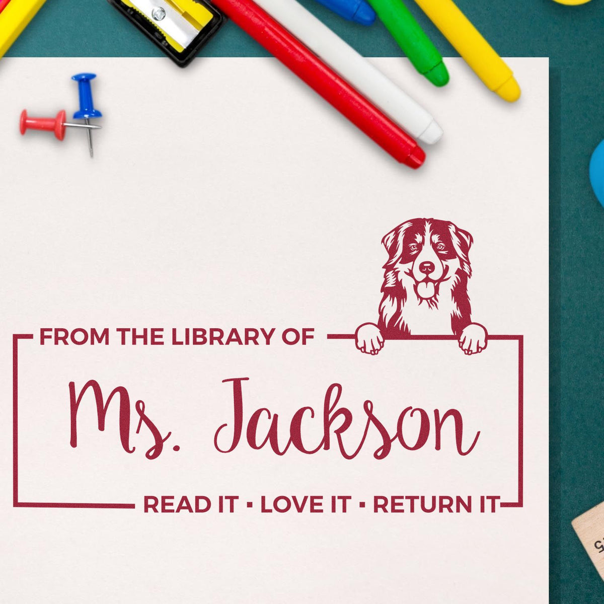Custom rubber stamp for librarians: From the Library of Ms. Jackson dog design with Read it Love it Return it text.