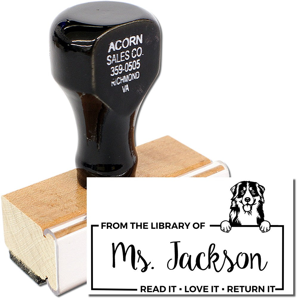 Personalized self-inking rubber library stamp with dog design and From the Library of Ms. Jackson text.