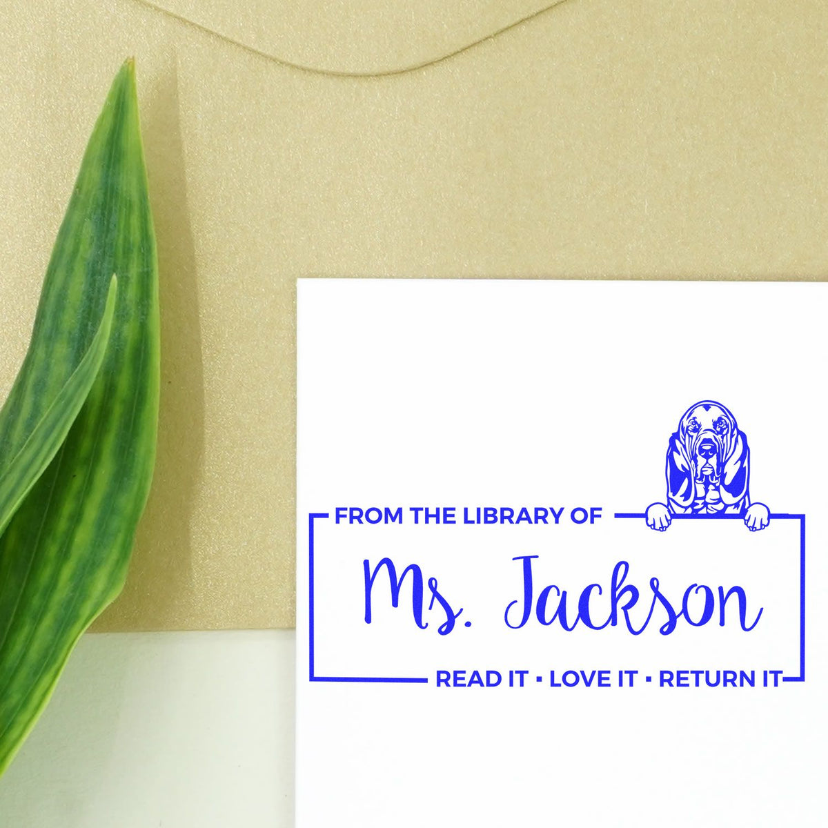 Personalized custom library rubber stamp with dog illustration and Ms. Jackson book return message.