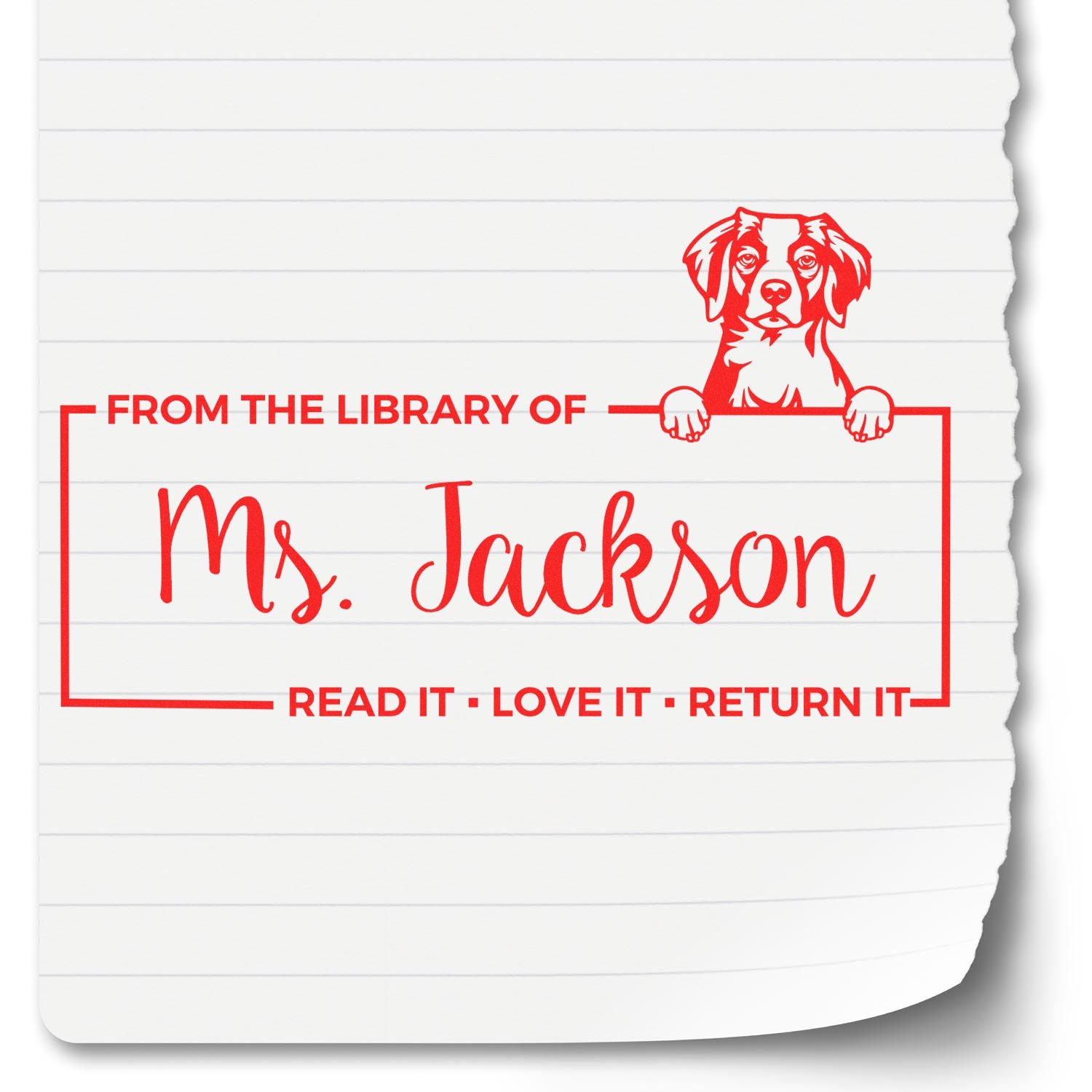 Personalized library book rubber stamp with dog design: From the Library of Ms. Jackson, Read it, Love it, Return it.