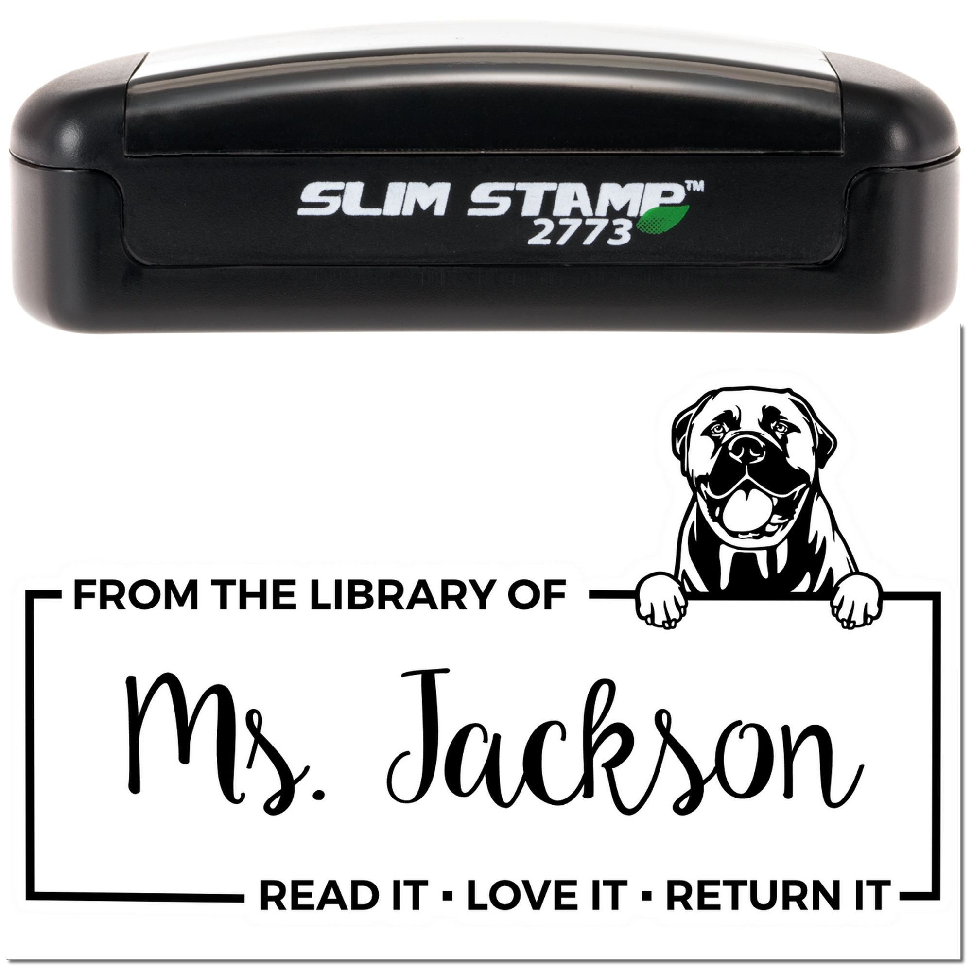 Custom self-inking library book stamp with dog design and personalized From the Library of Ms. Jackson return message.