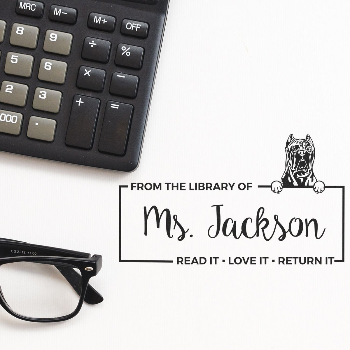Personalized library return stamp for teachers, From the Library of Ms. JacksonRead it, Love it, Return it with dog design.