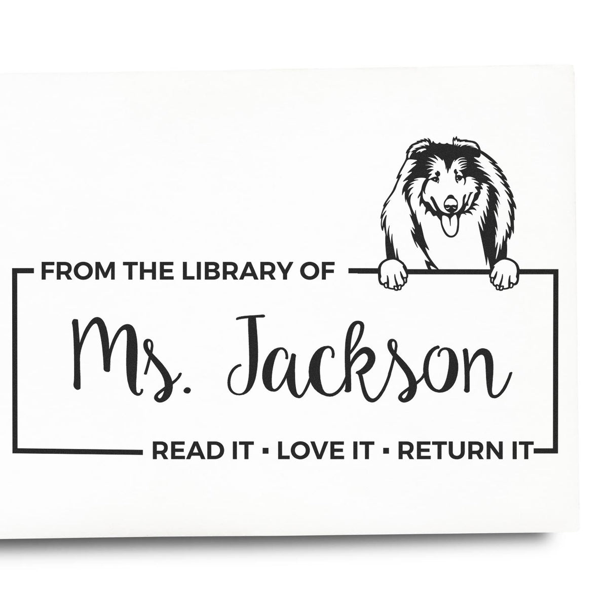 Personalized library book rubber stamp with dog illustration, From the Library of Ms. Jackson and Read It, Love It, Return It text