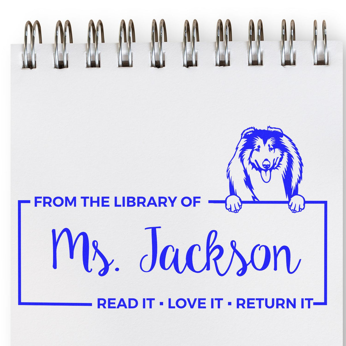 Personalized library rubber stamp with dog design for Ms. Jackson: From the Library of Ms. Jackson, Read It, Love It, Return It.