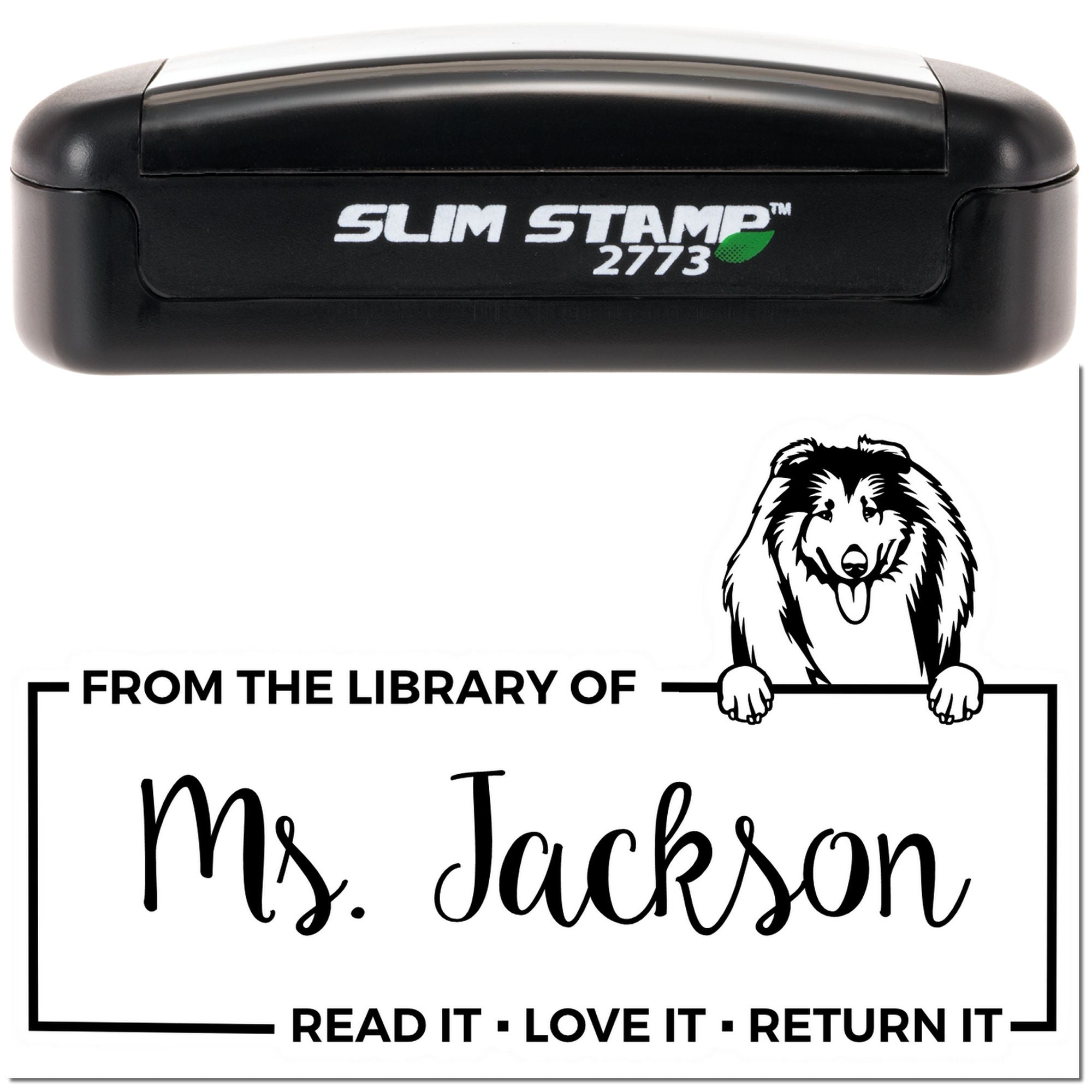 Custom self-inking rubber library stamp for books, Slim Stamp 2773, personalized From the Library of Ms. Jackson return-it design.