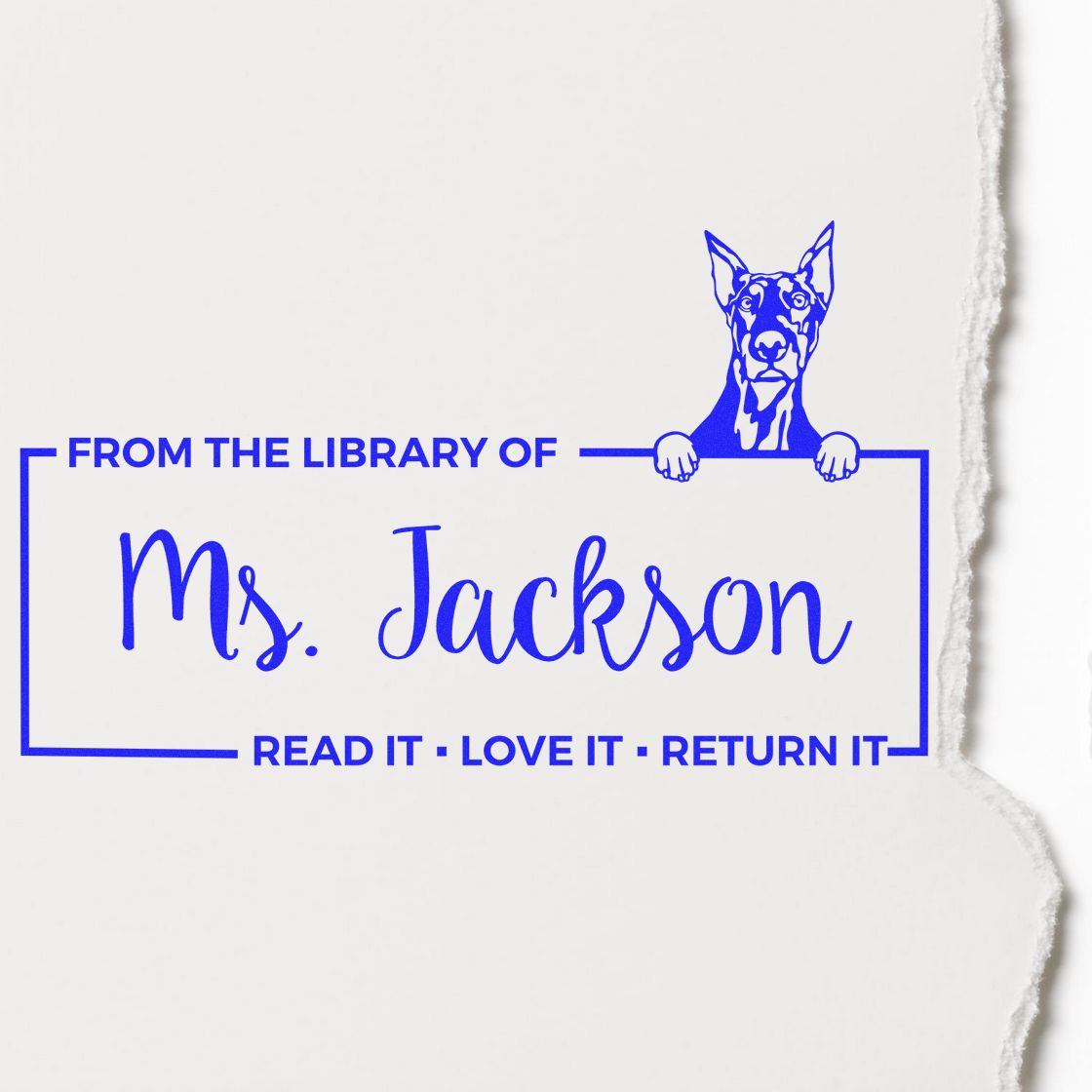 Custom dog library stamp reading From the Library of Ms. JacksonRead It, Love It, Return It for personalized books.