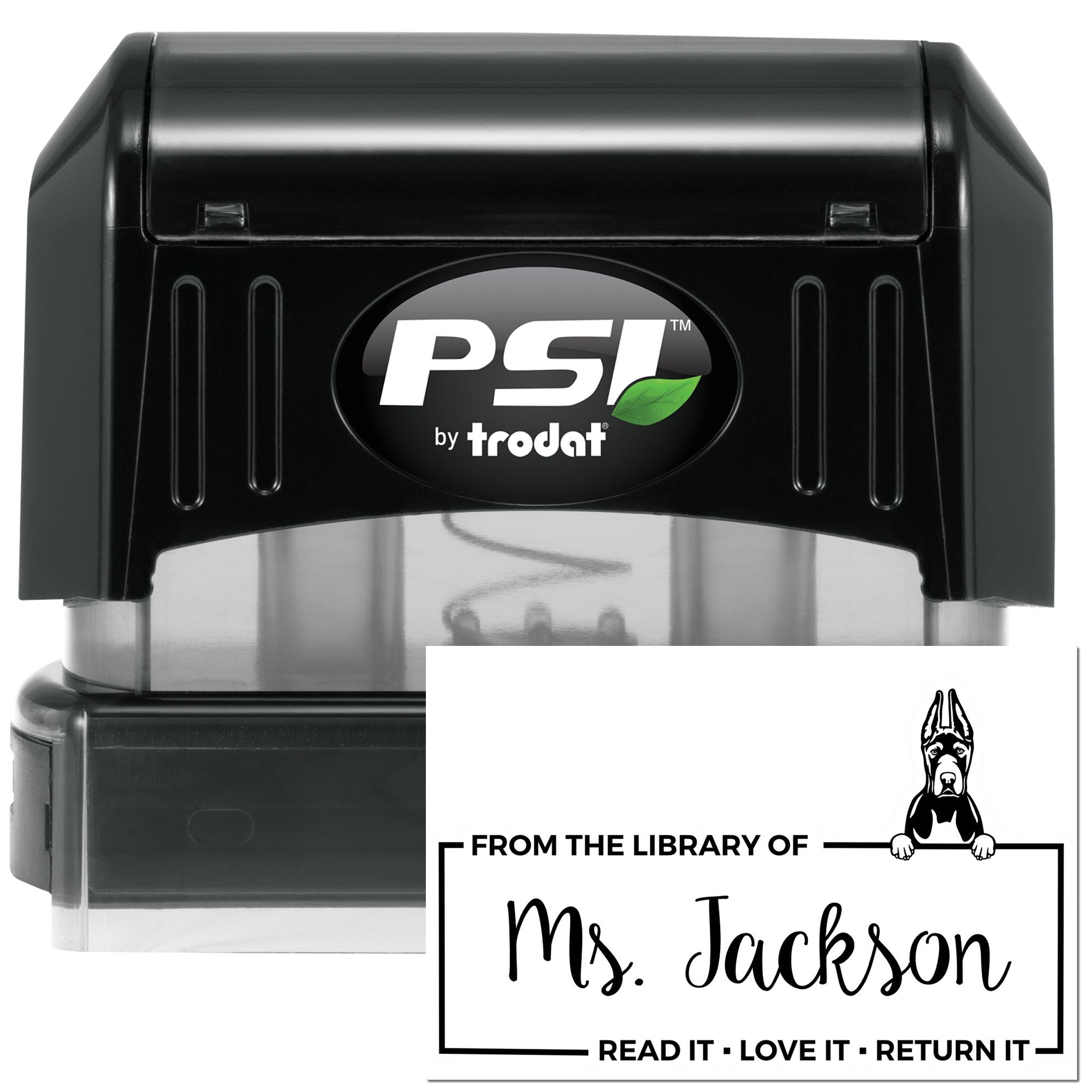 PSI by Trodat self-inking custom book stamp for libraries, featuring From the Library of Ms. Jackson return label.