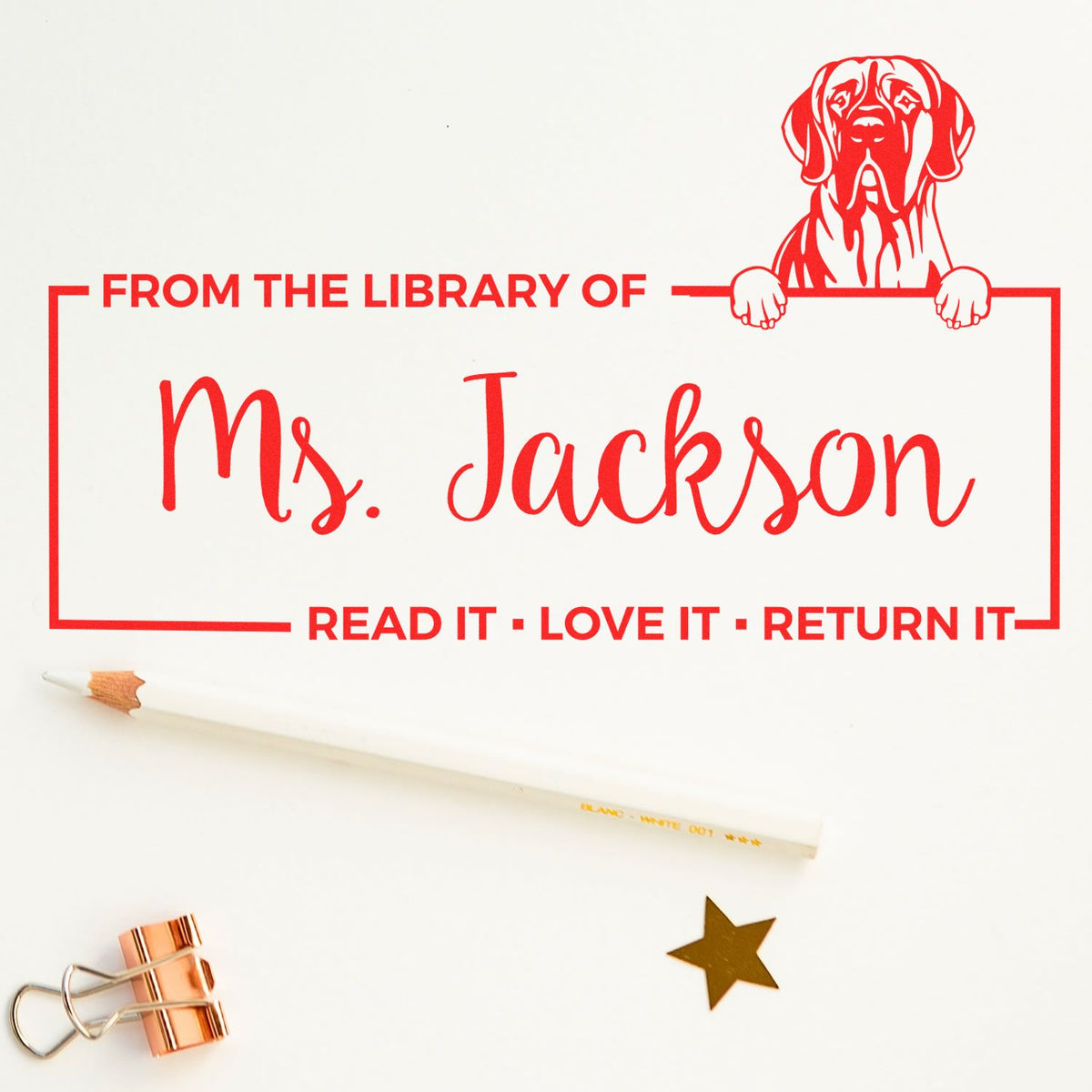 Custom rubber stamp for books: From the Library of Ms. Jackson with dog design and Read It Love It Return It text.