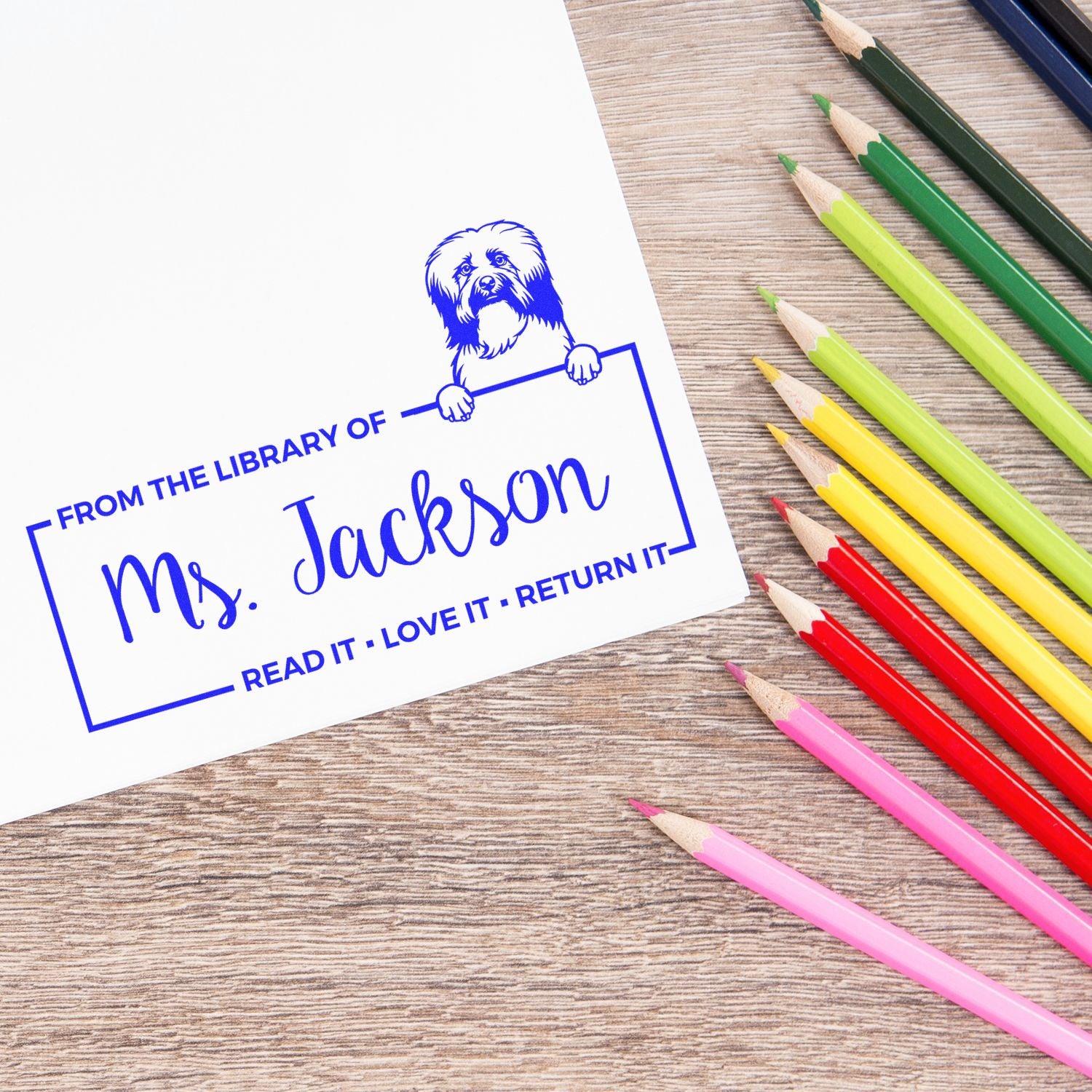 Custom dog library rubber stamp for Ms. Jackson bookplate with Read it, love it, return it message.