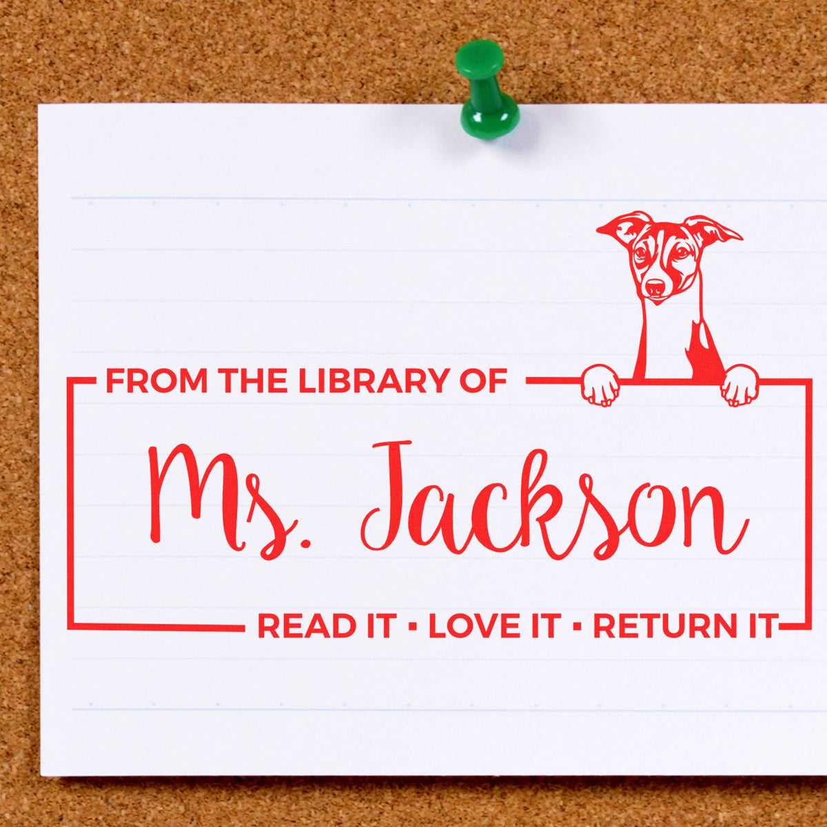 Custom rubber library stamp with dog design and From the Library of Ms. Jackson return-book message.