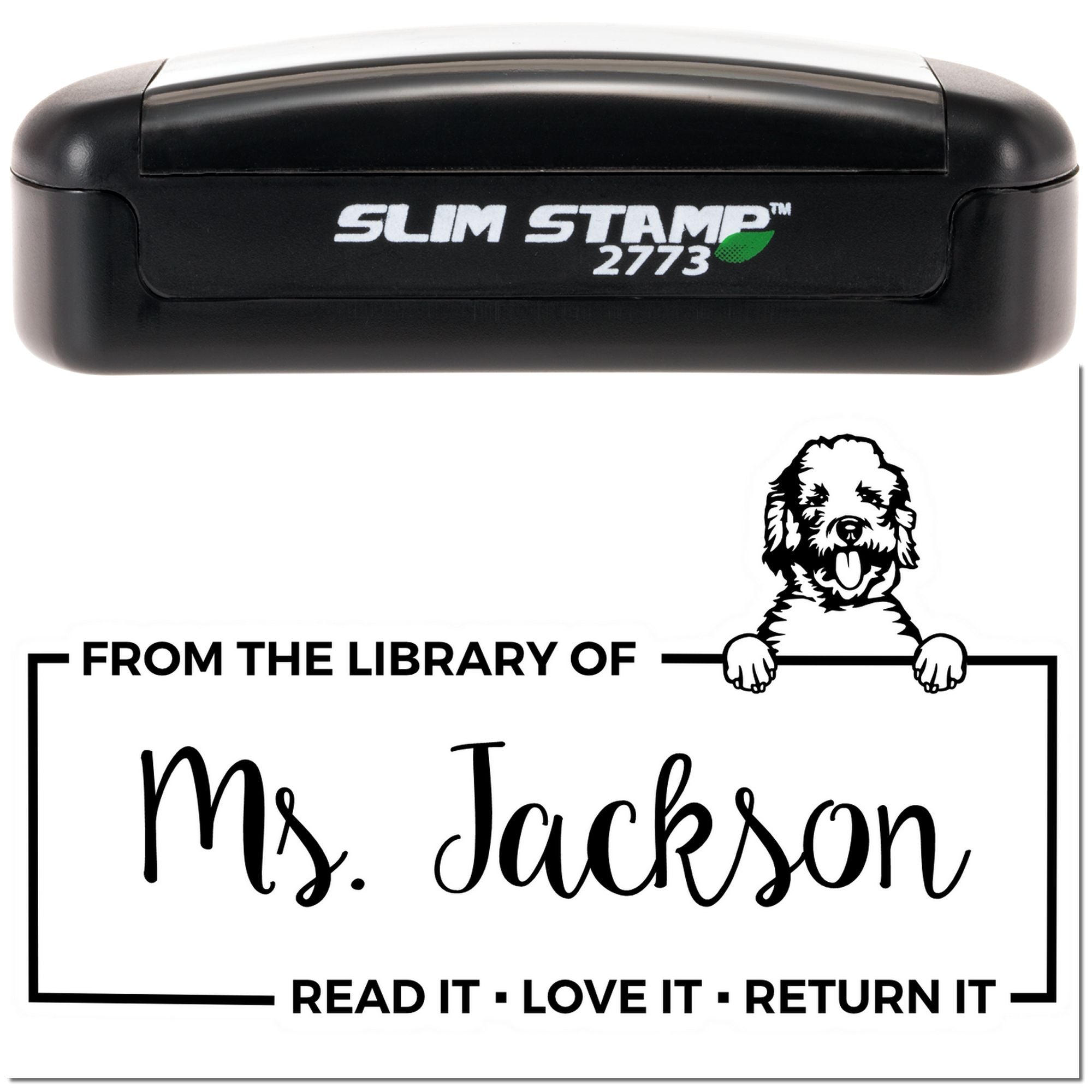 Custom library rubber stamp for Ms. Jackson with dog design and Read it, Love it, Return it book return message.
