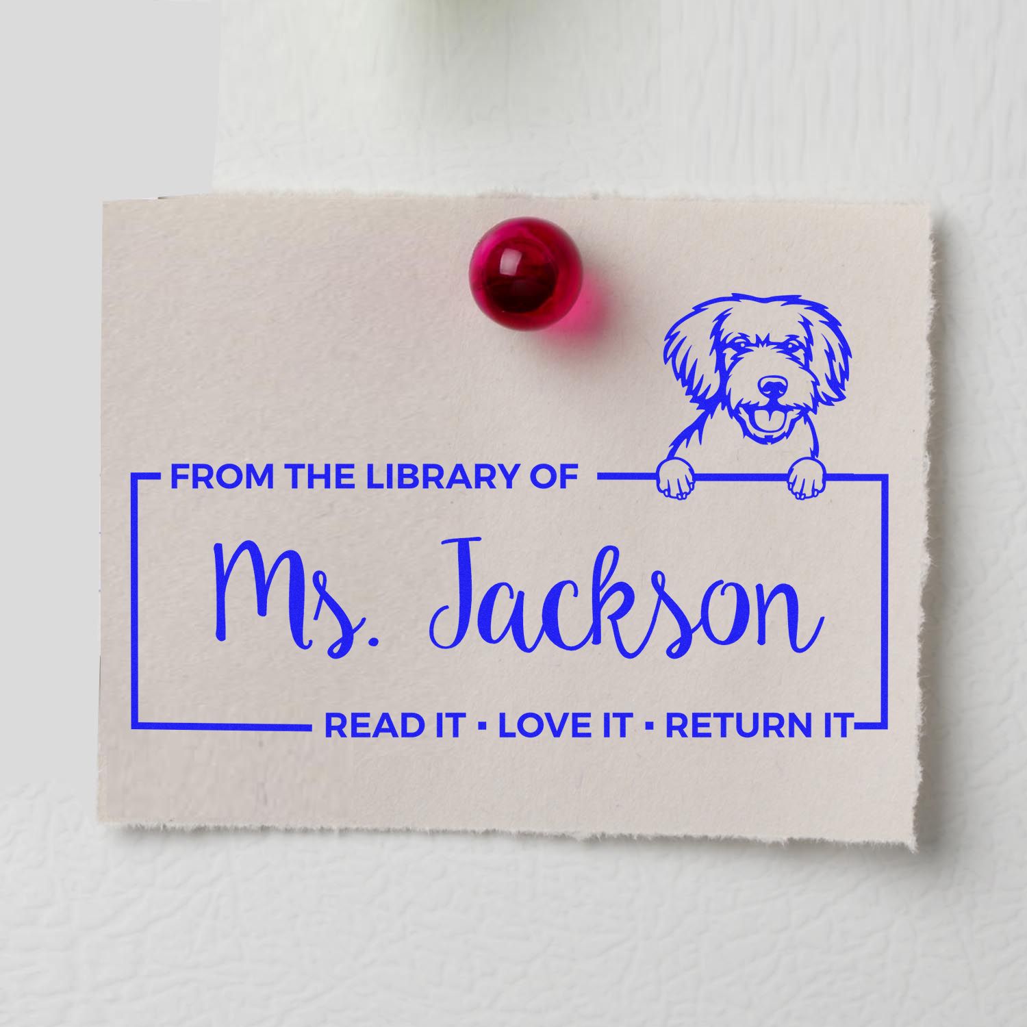 Custom rubber library stamp for Ms. Jackson with dog design and Read it, love it, return it book label.