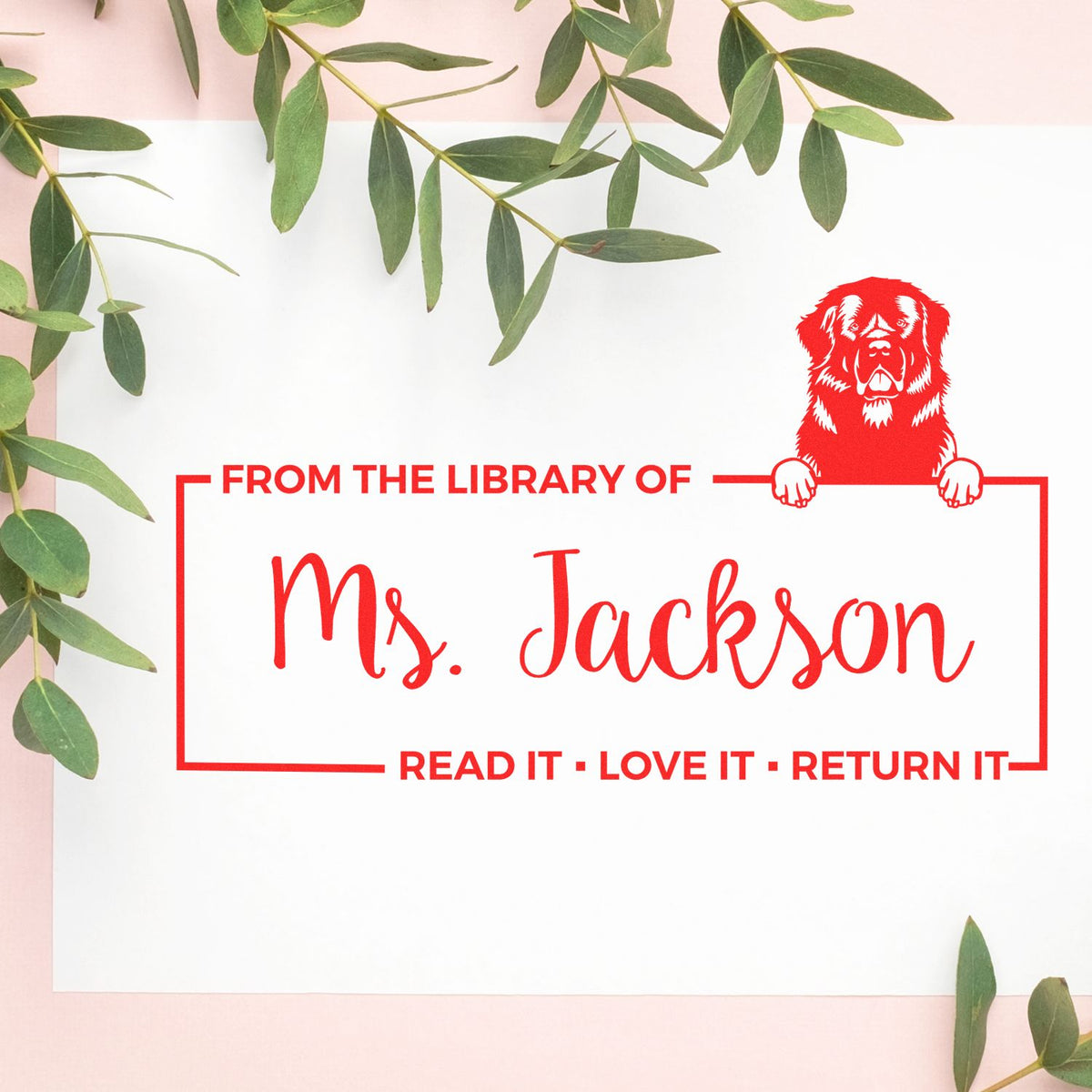 Custom library rubber stamp for Ms. Jackson with dog design and Read it, Love it, Return it book ownership text.