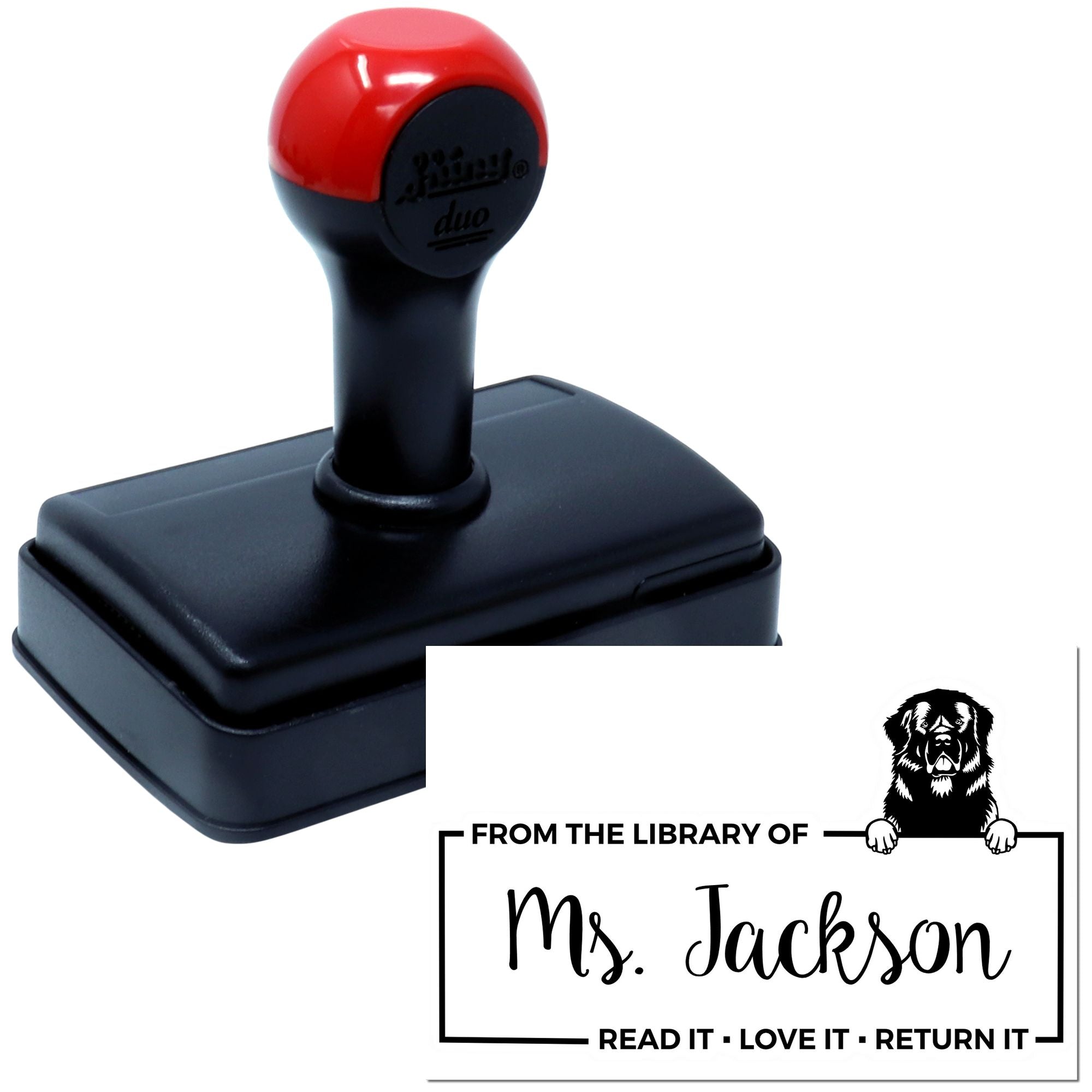 Custom self-inking rubber library stamp with dog design and From the Library of Ms. Jackson, Read It, Love It, Return It message.