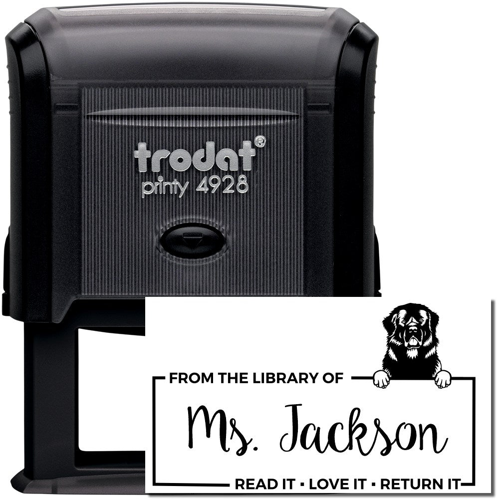 Custom Trodat Printy 4928 self-inking rubber stamp with personalized library return design for Ms. Jackson and dog graphic.