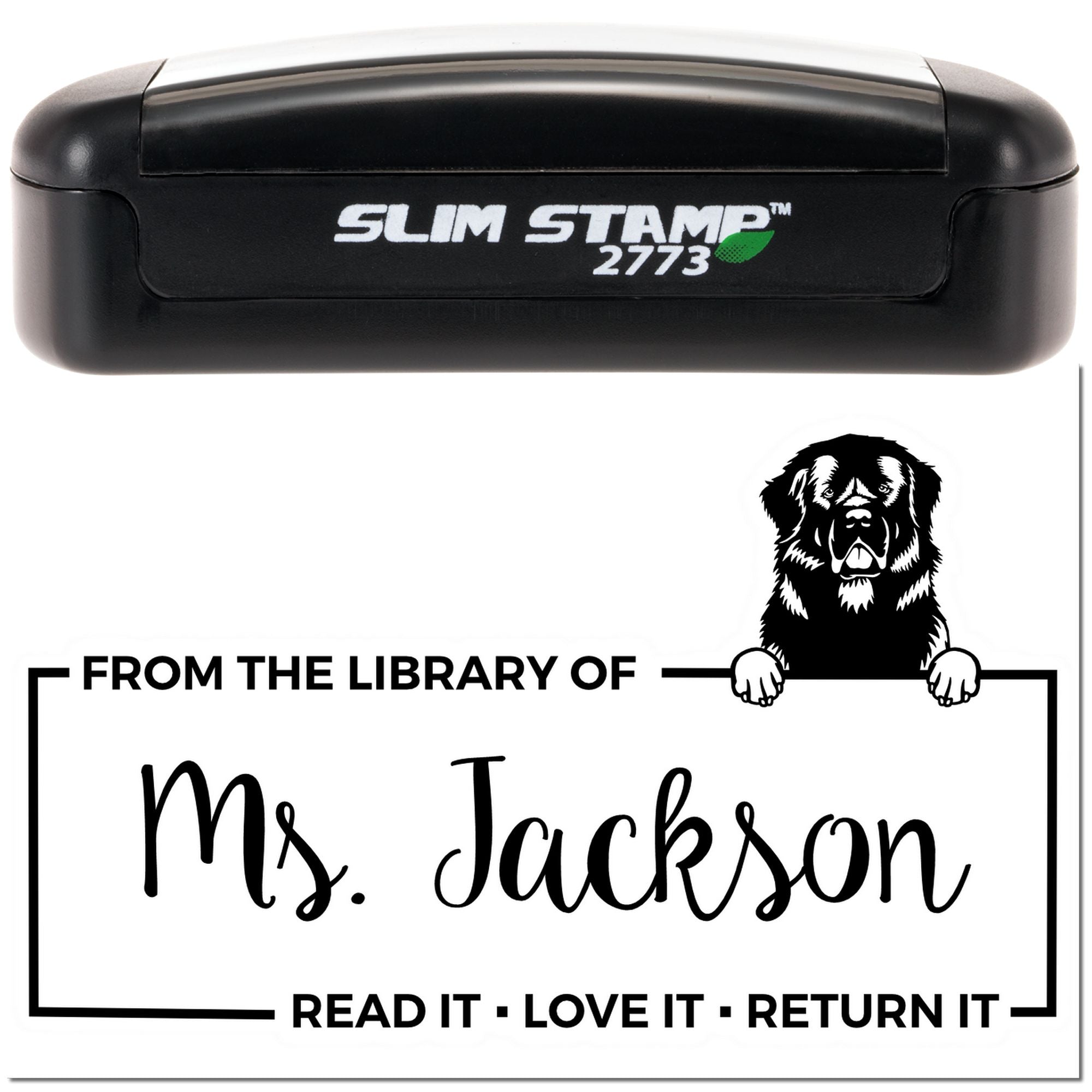 Slim Stamp 2773 custom library rubber stamp with dog bookplate design, personalized Mrs. Jackson return-it reminder.