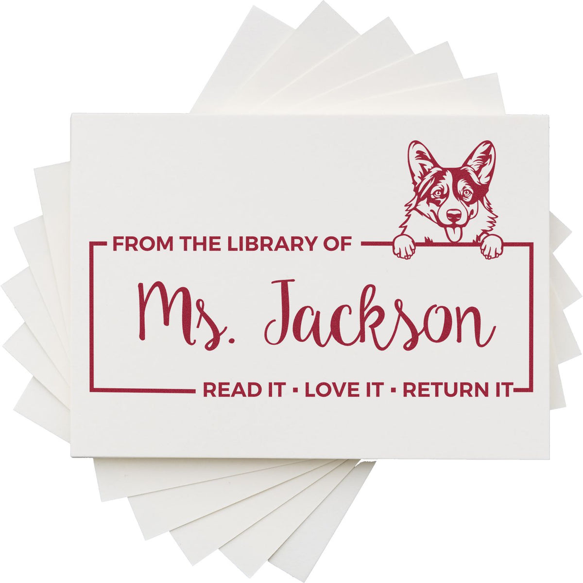 Custom book return rubber stamp with corgi design, personalized From the Library of Ms. Jackson library ownership mark.