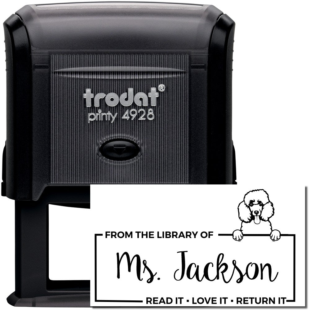 Personalized library rubber stamp for Ms. Jackson with poodle graphic and Read it, love it, return it message.