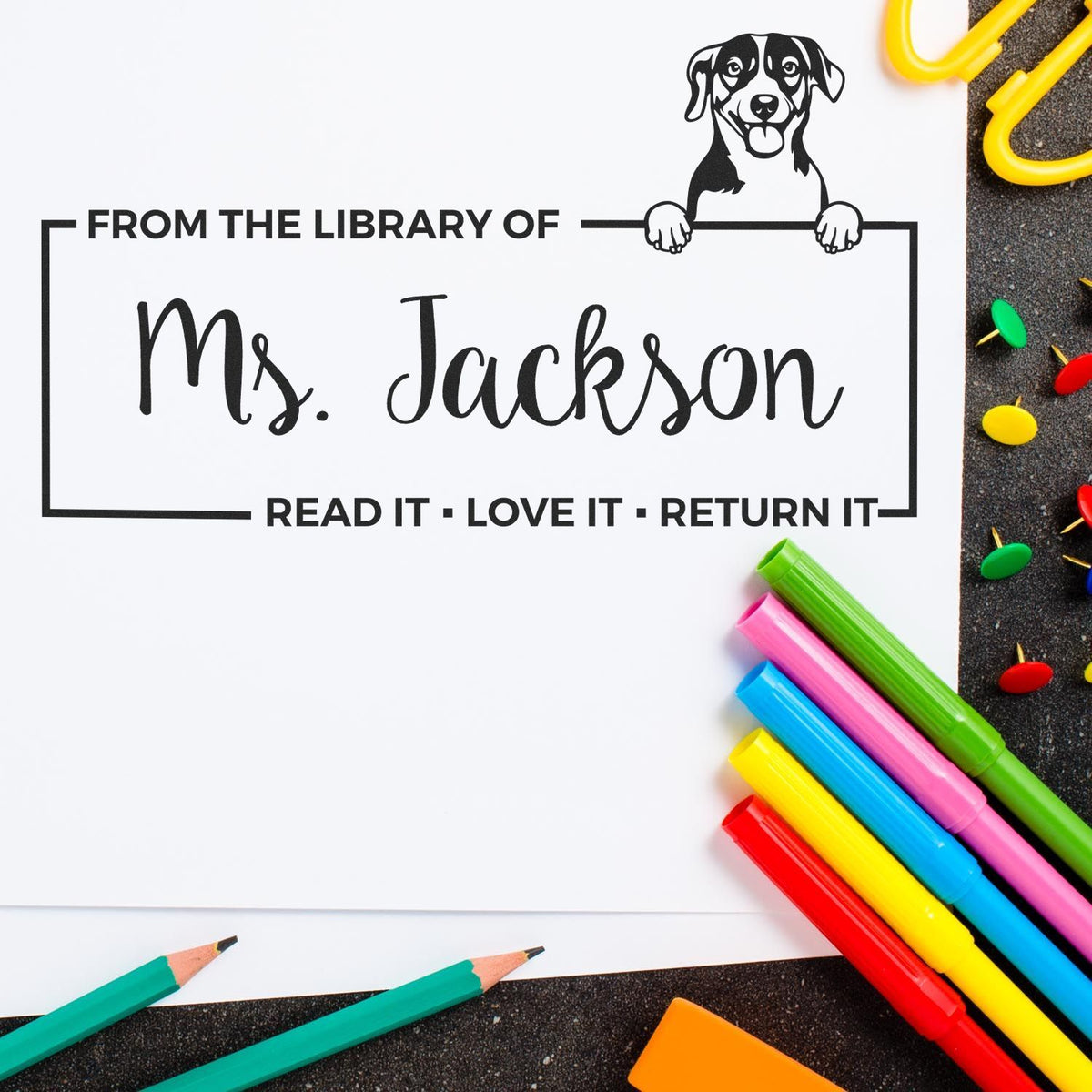 Custom library rubber stamp for Ms. Jackson with dog design, From the library of and Read it, love it, return it.