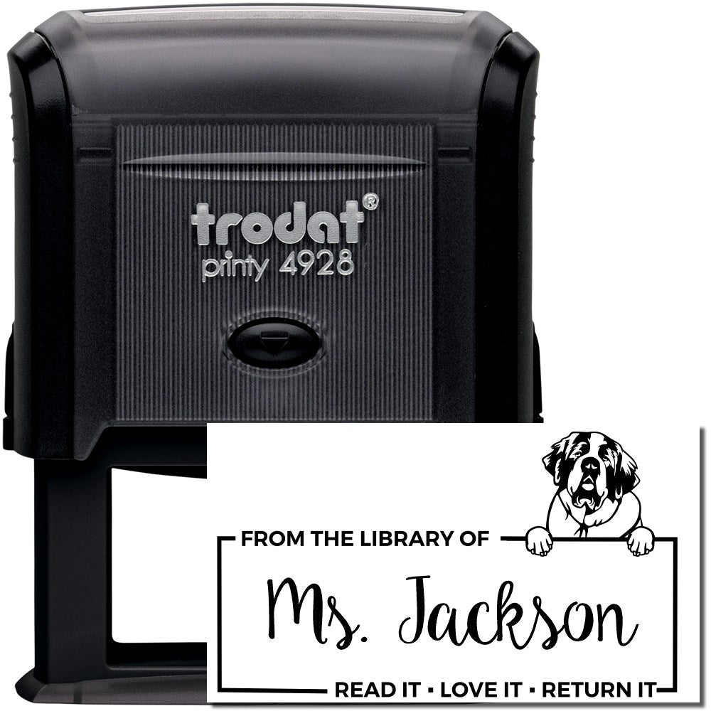 Custom self-inking Trodat rubber stamp for library books, featuring dog bookplate design and "From the Library of Mrs. Jackson."