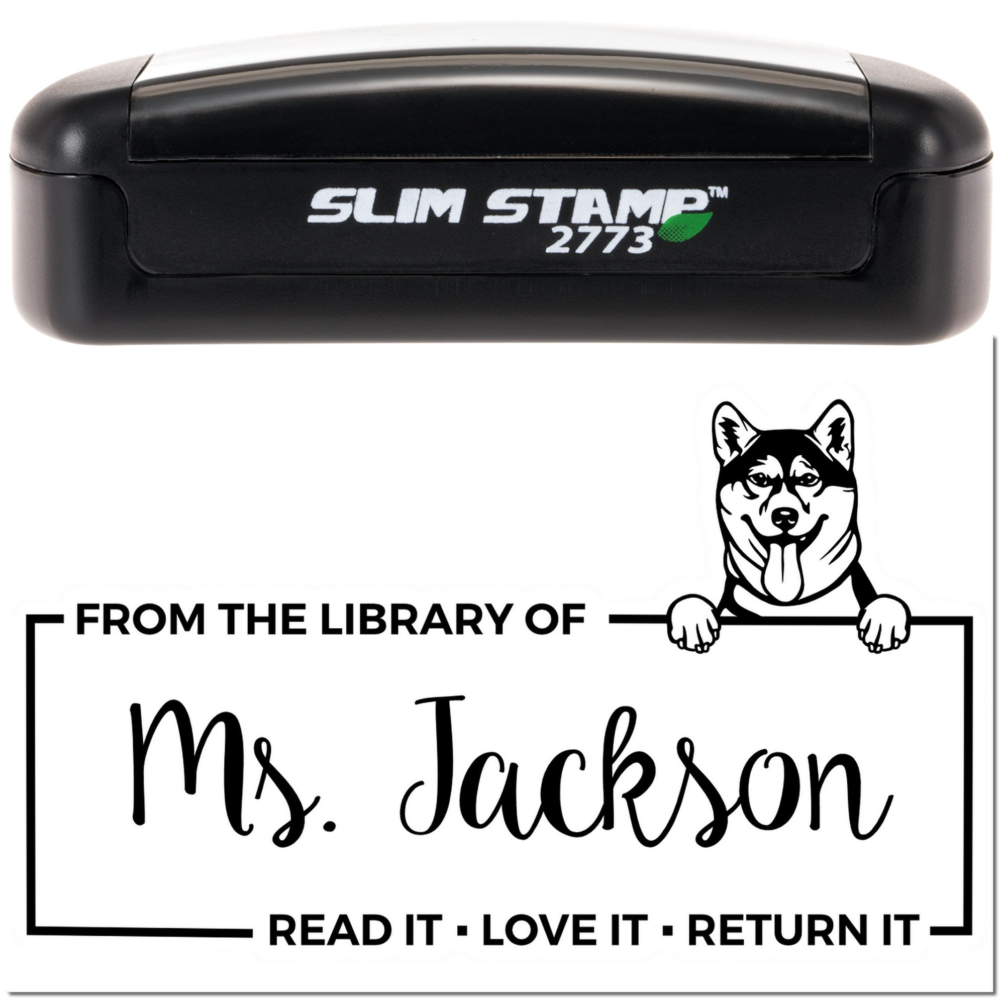 Personalized self-inking library book rubber stamp for Ms. Jackson, featuring a dog design and Read it, Love it, Return it text.