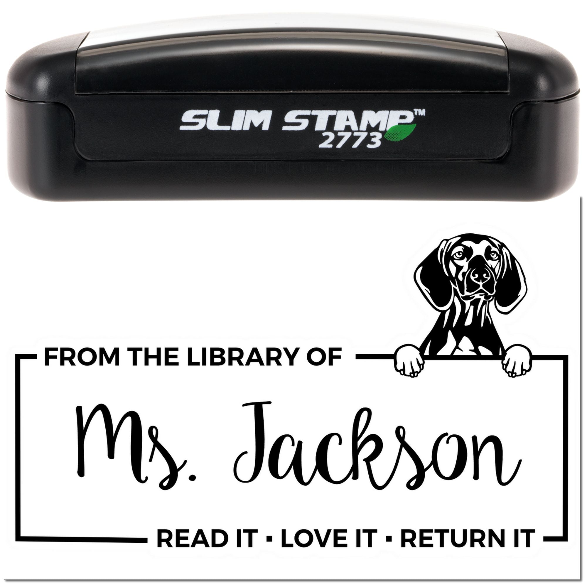 Slim Stamp 2773 self-inking rubber library stamp with dog design and custom From the Library of Ms. Jackson return label.