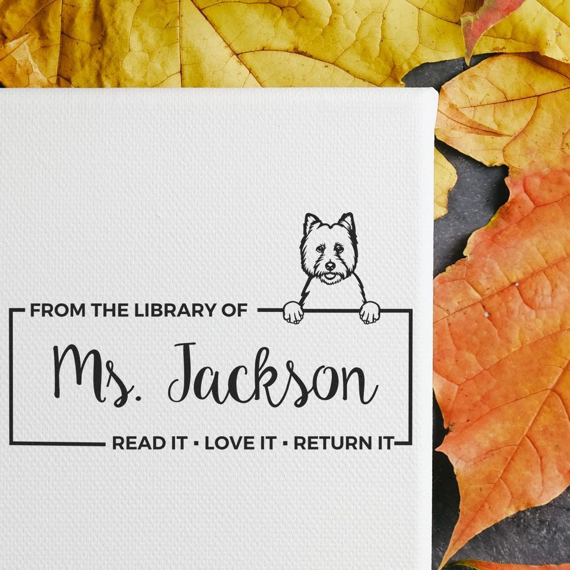 Personalized library rubber stamp with dog, From the Library of Ms. Jackson, for book return labels and teacher use.