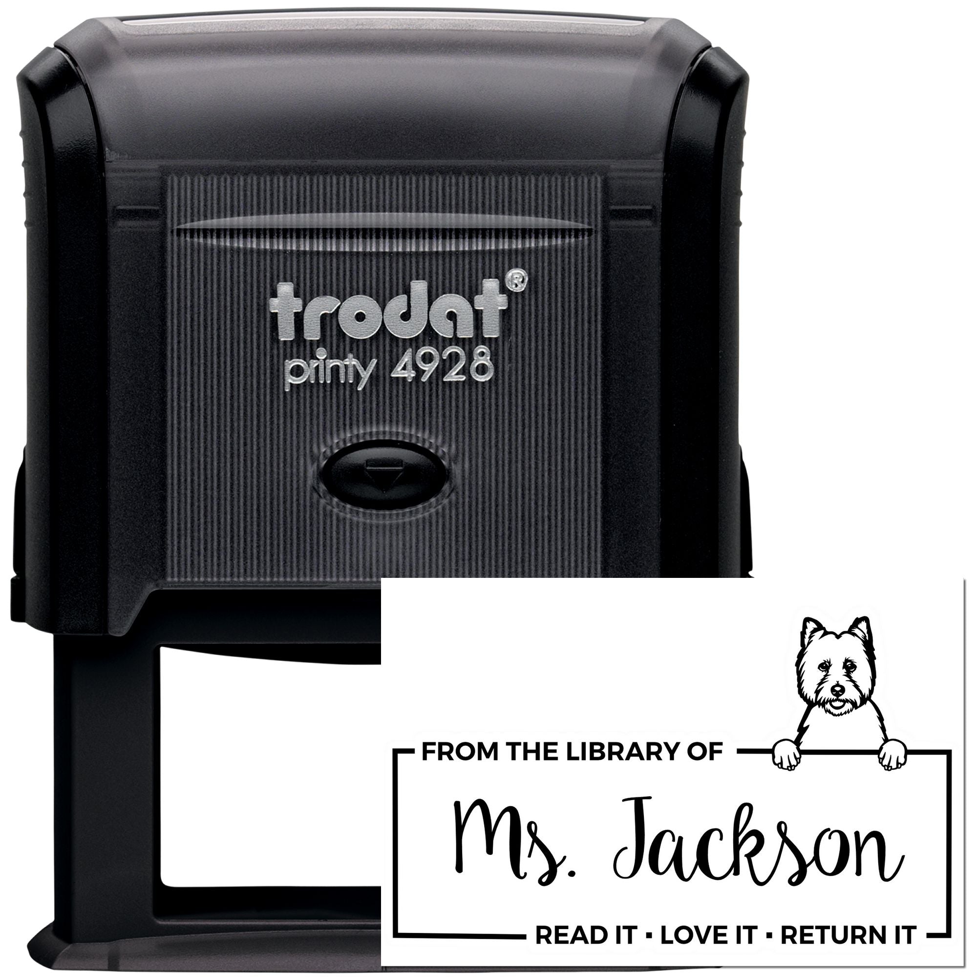 Trodat Printy 4928 self-inking custom library rubber stamp with From the Library of Ms. Jackson and dog graphic