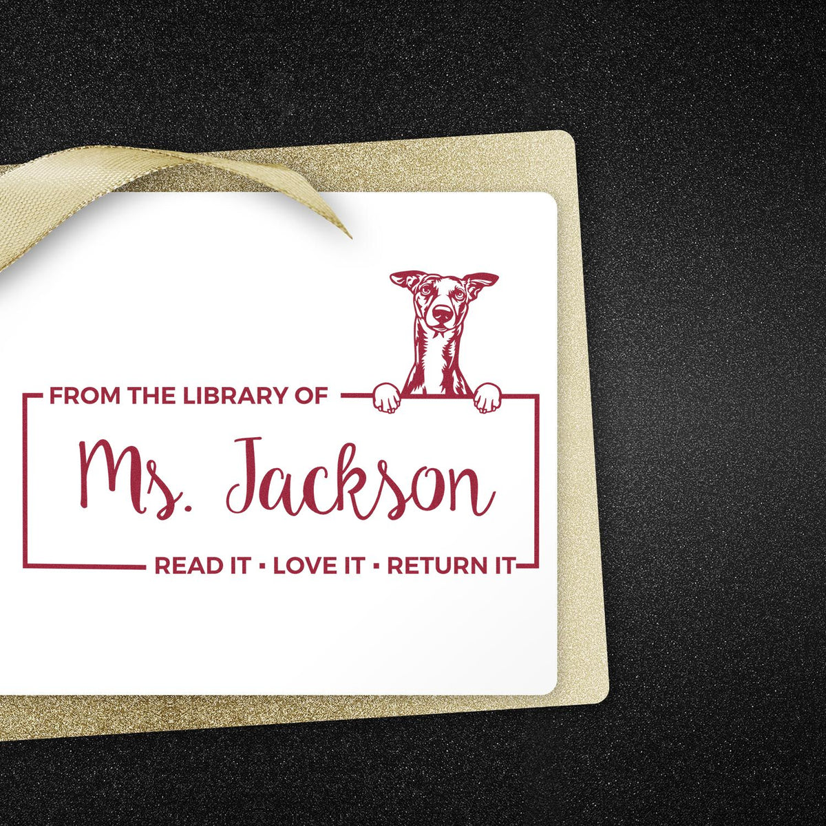 Custom library rubber stamp with dog illustration, personalized Ms. Jackson bookplate, Read it, love it, return it text.