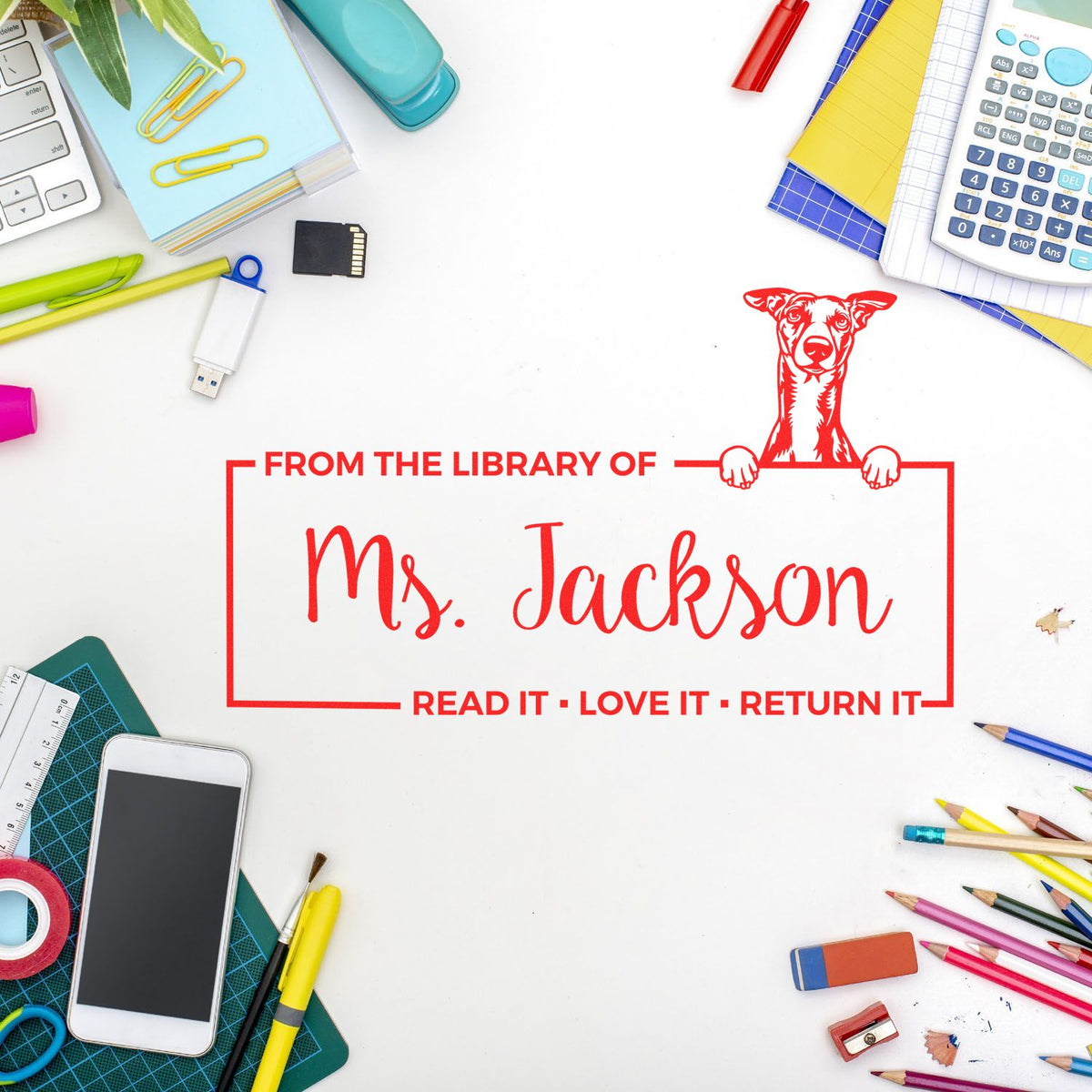 Personalized library book rubber stamp reading From the Library of Ms. Jackson, with dog graphic and return reminder.
